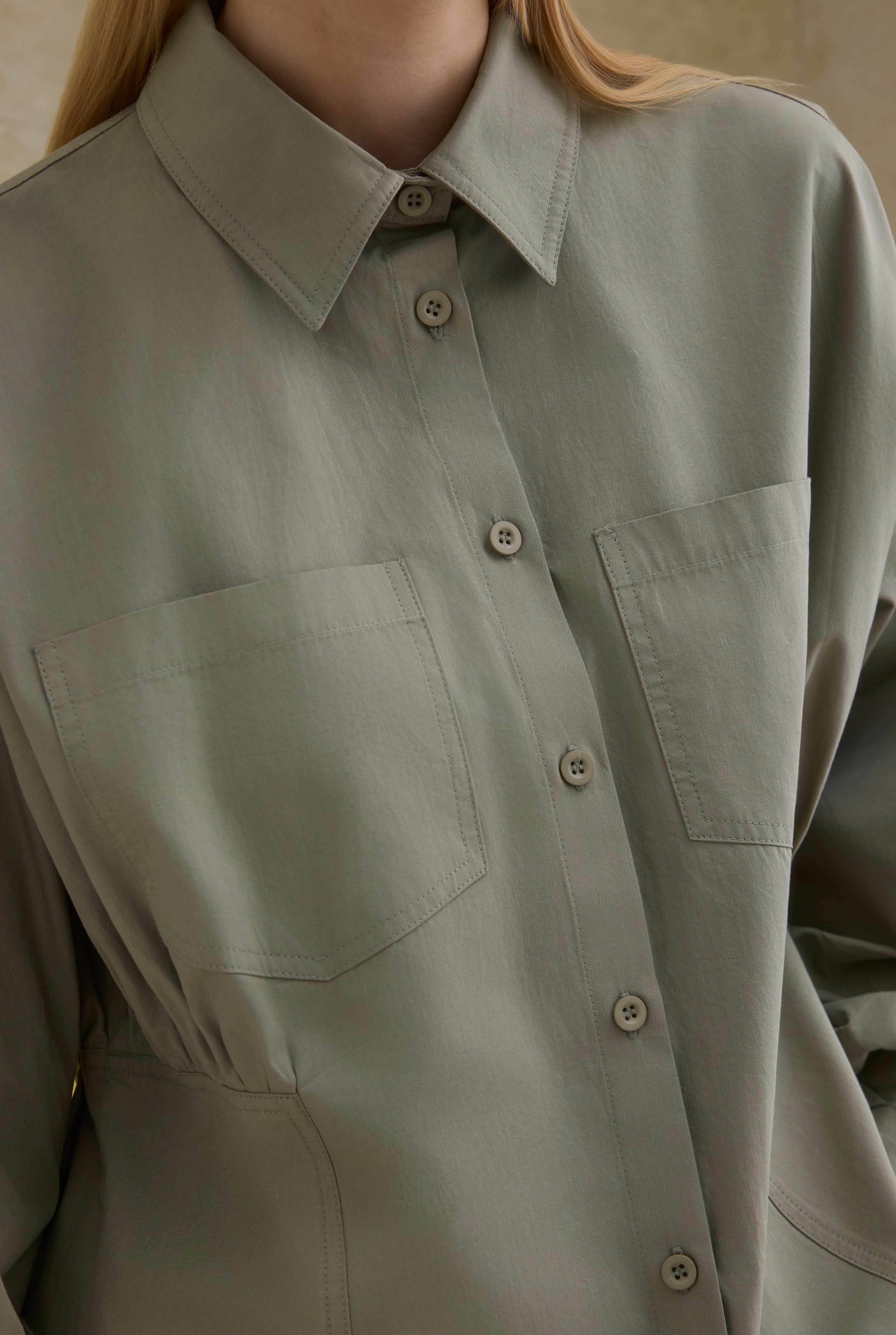 Sleeve Detailed Cotton Shirt Sage Green - 4
