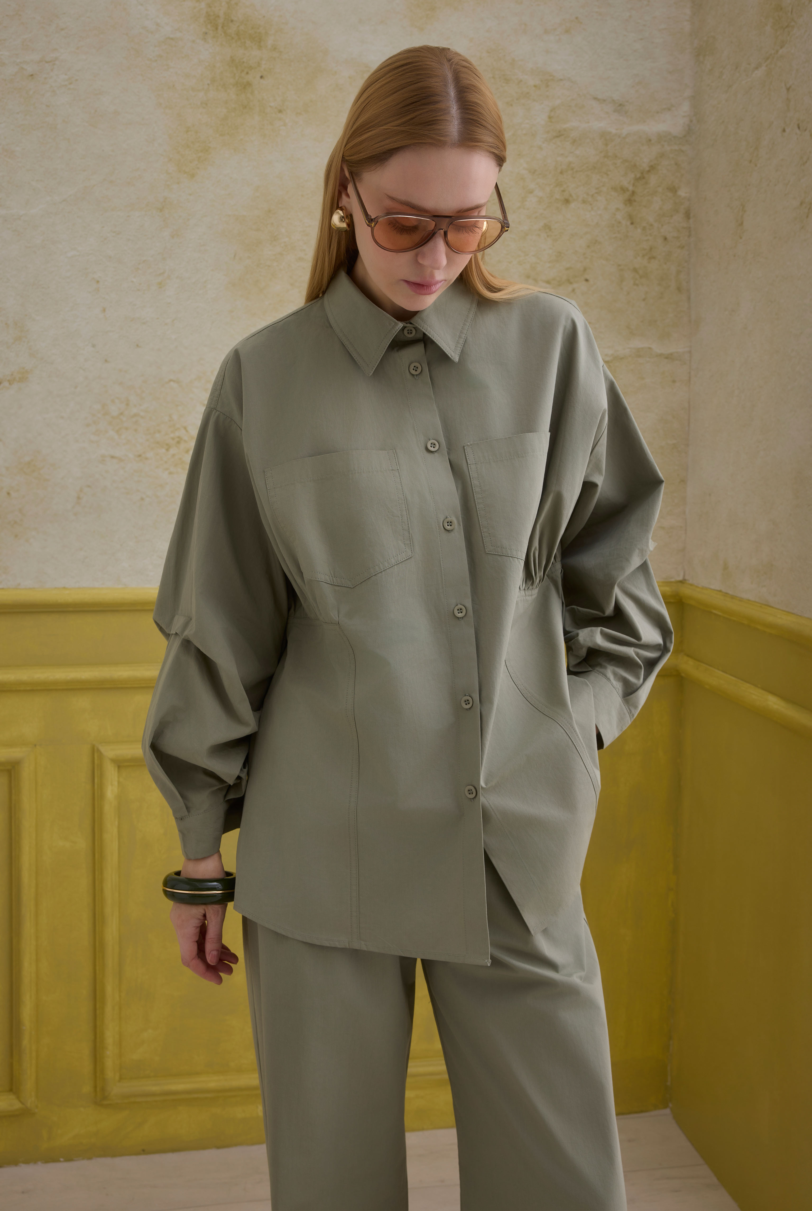 Sleeve Detailed Cotton Shirt Sage Green - 5