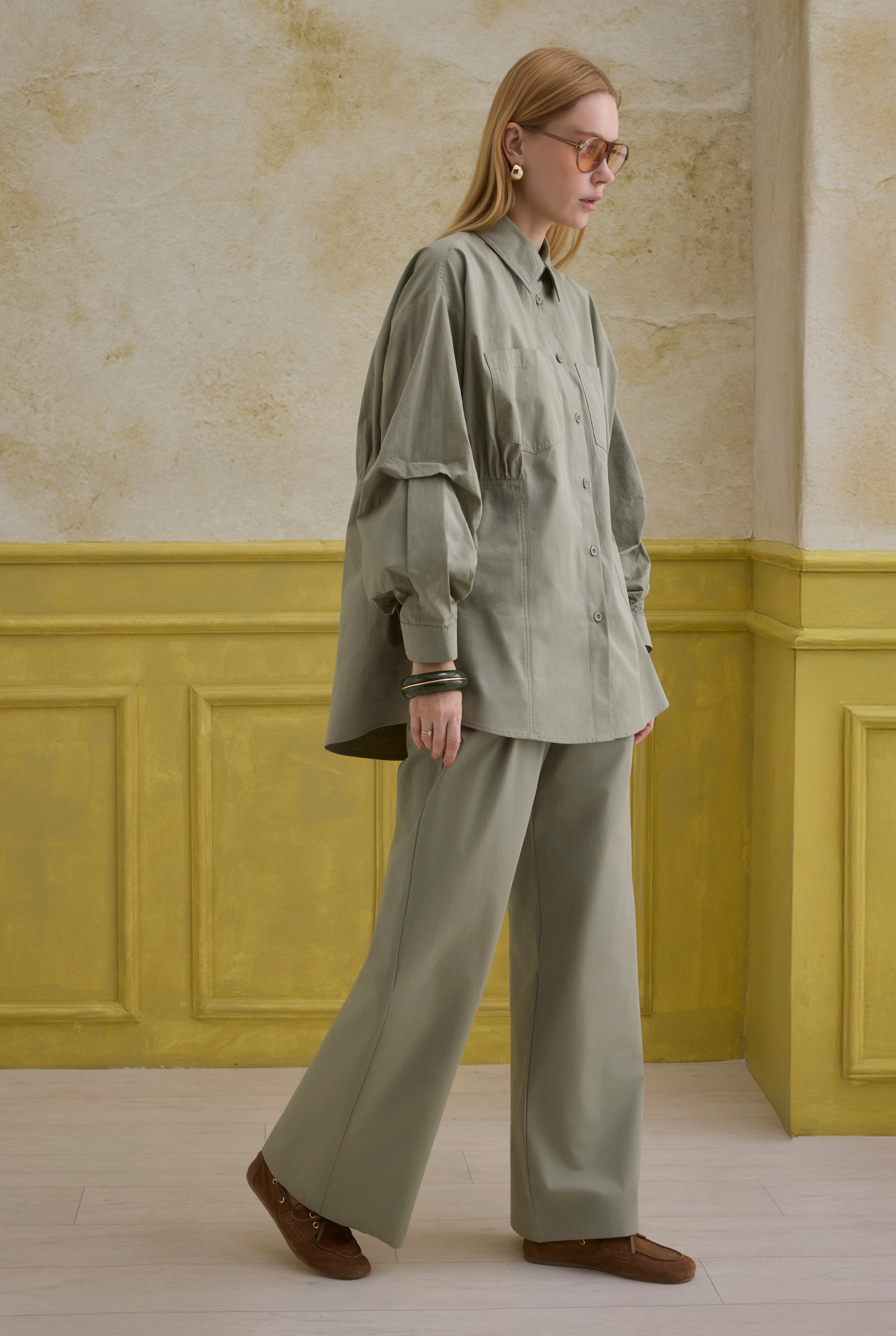 Sleeve Detailed Cotton Shirt Sage Green - HE-QA