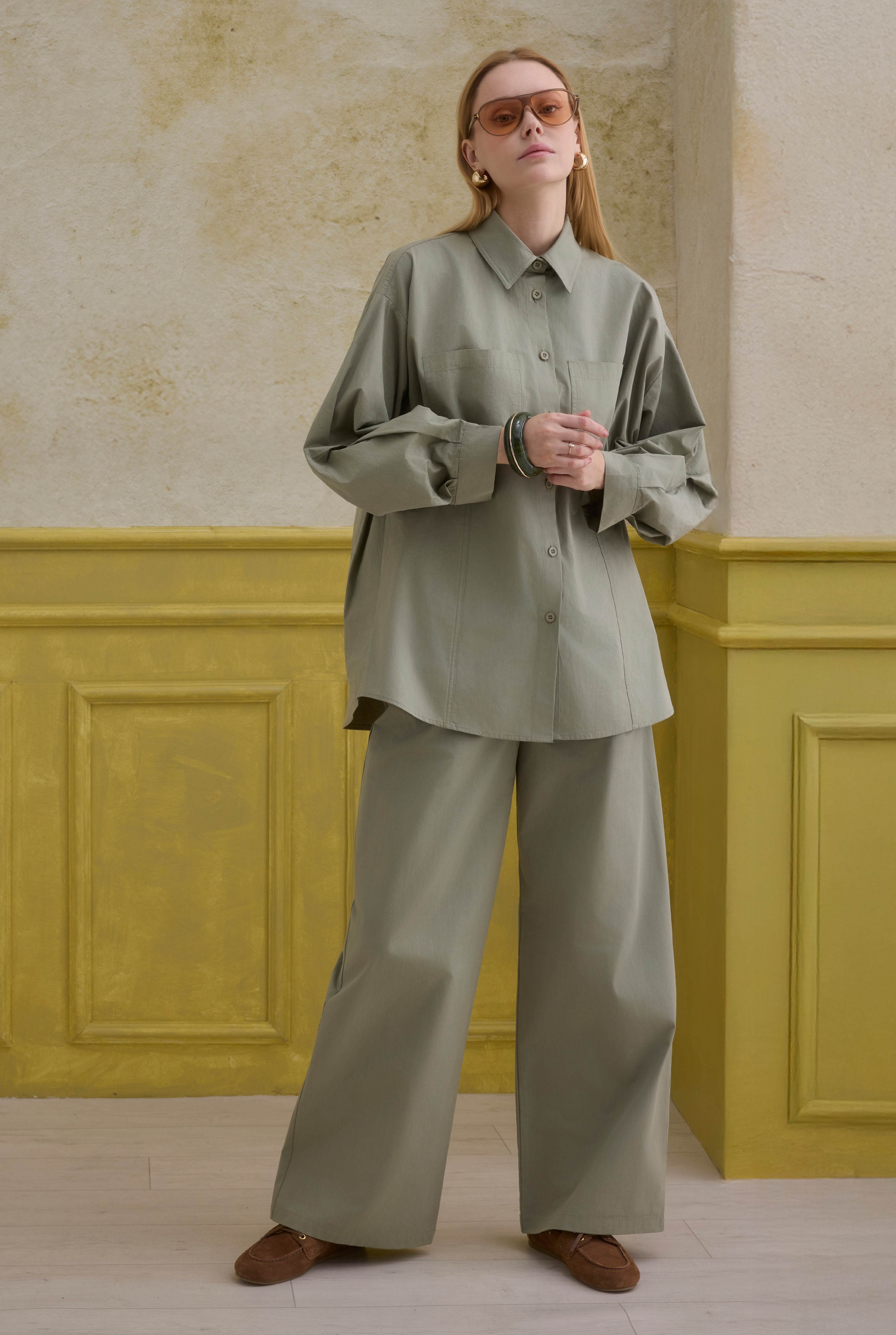 Sleeve Detailed Cotton Shirt Sage Green - 2