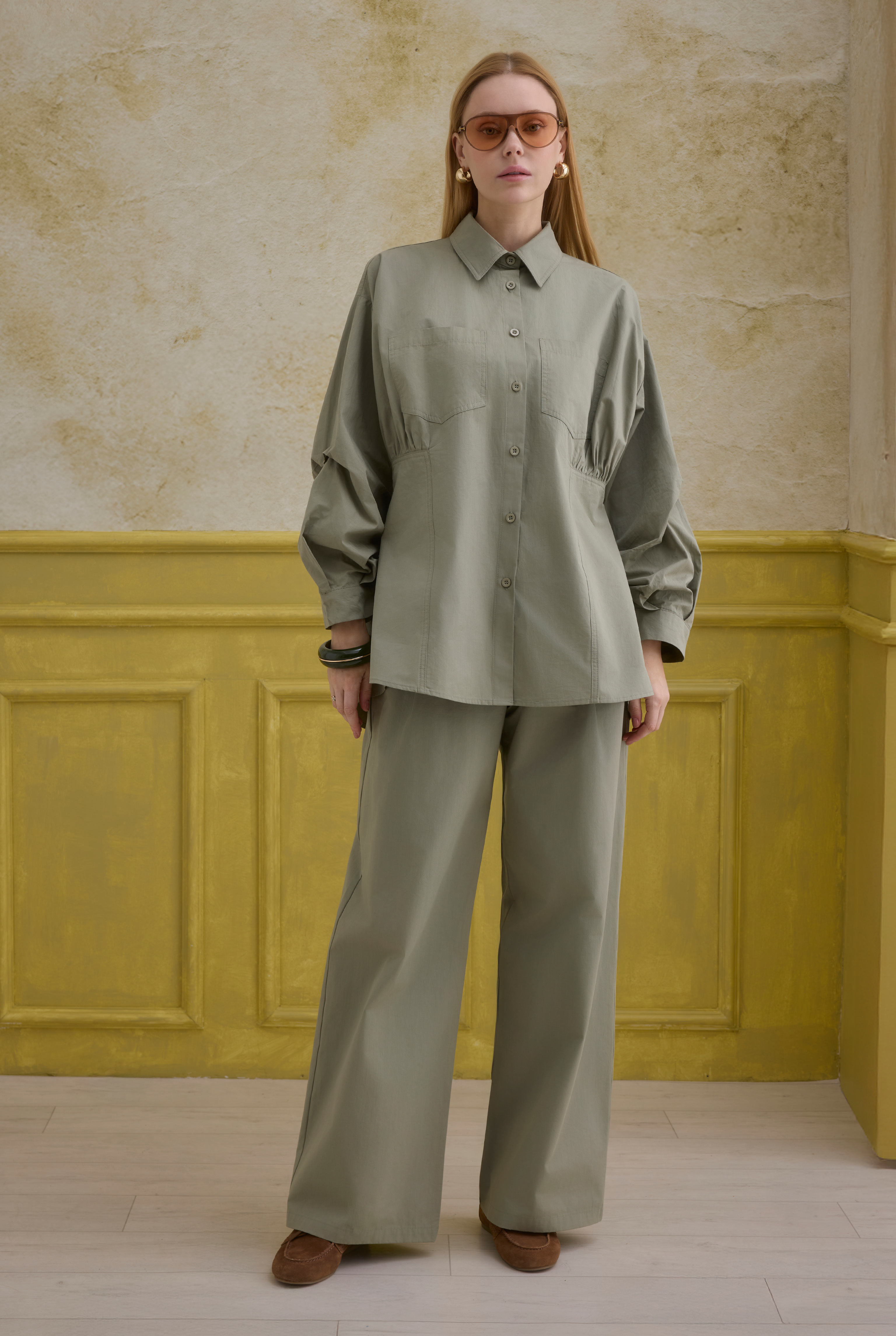 Sleeve Detailed Cotton Shirt Sage Green - 3