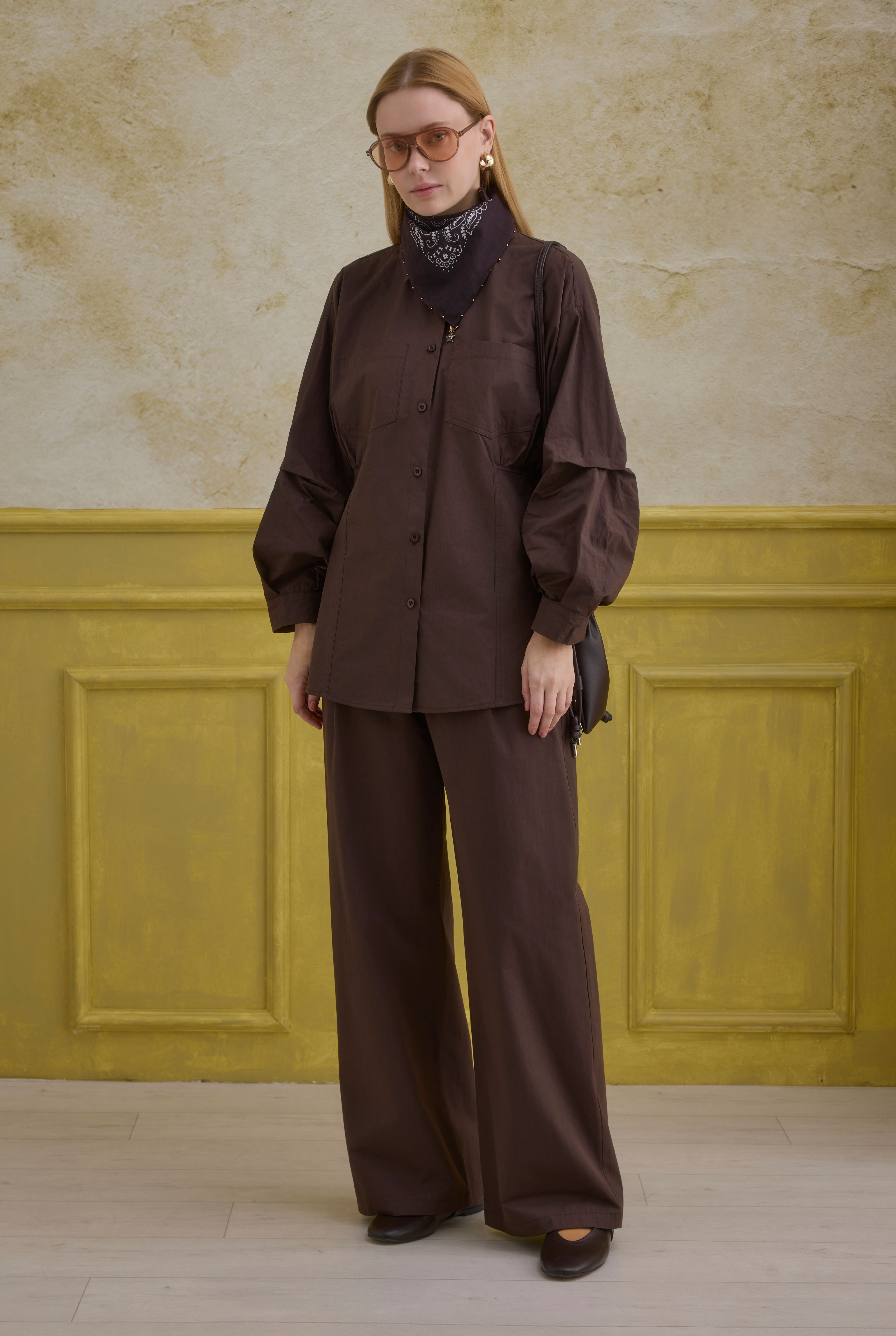 Sleeve Detailed Cotton Shirt Brown - HE-QA
