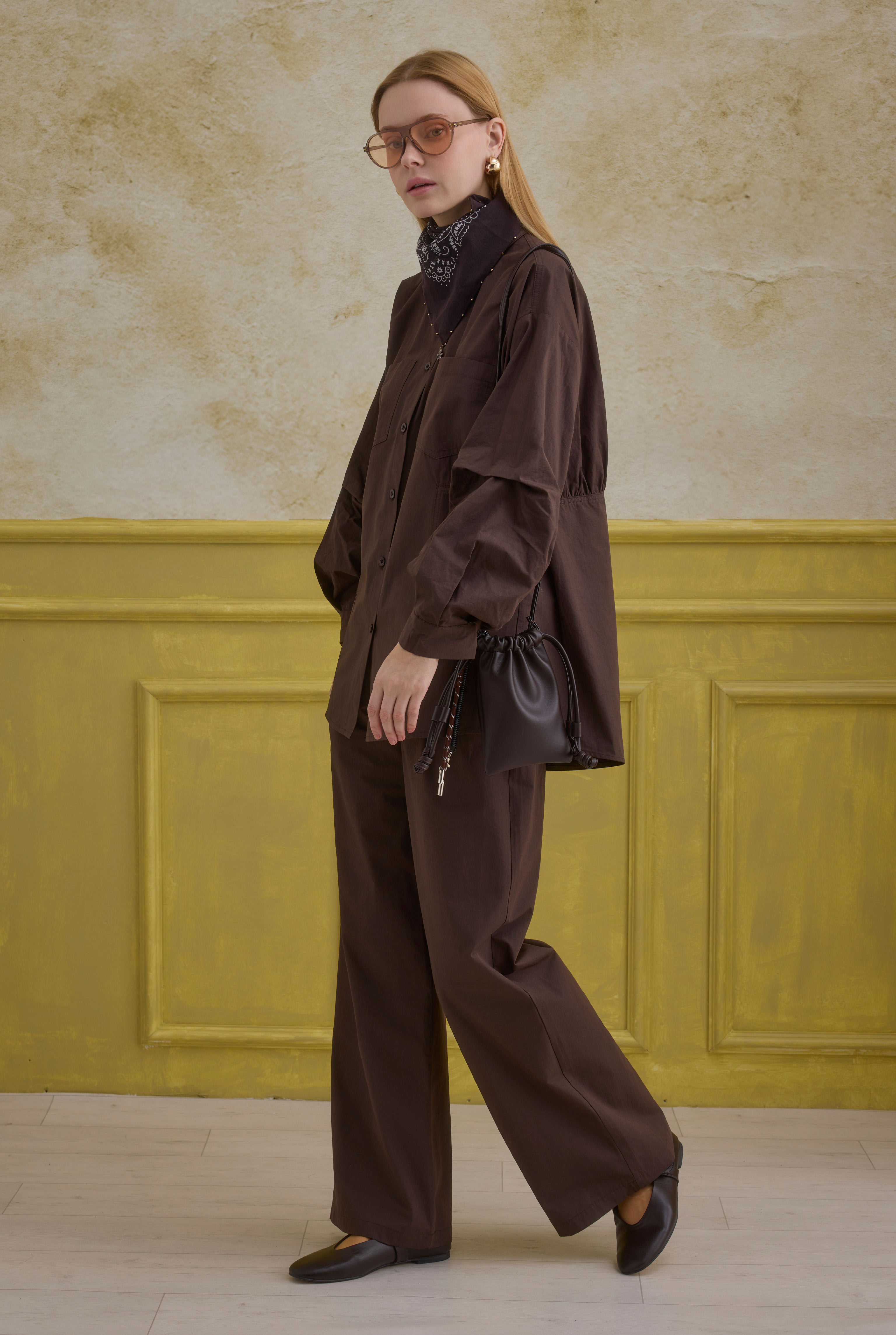 Sleeve Detailed Cotton Shirt Brown - 2