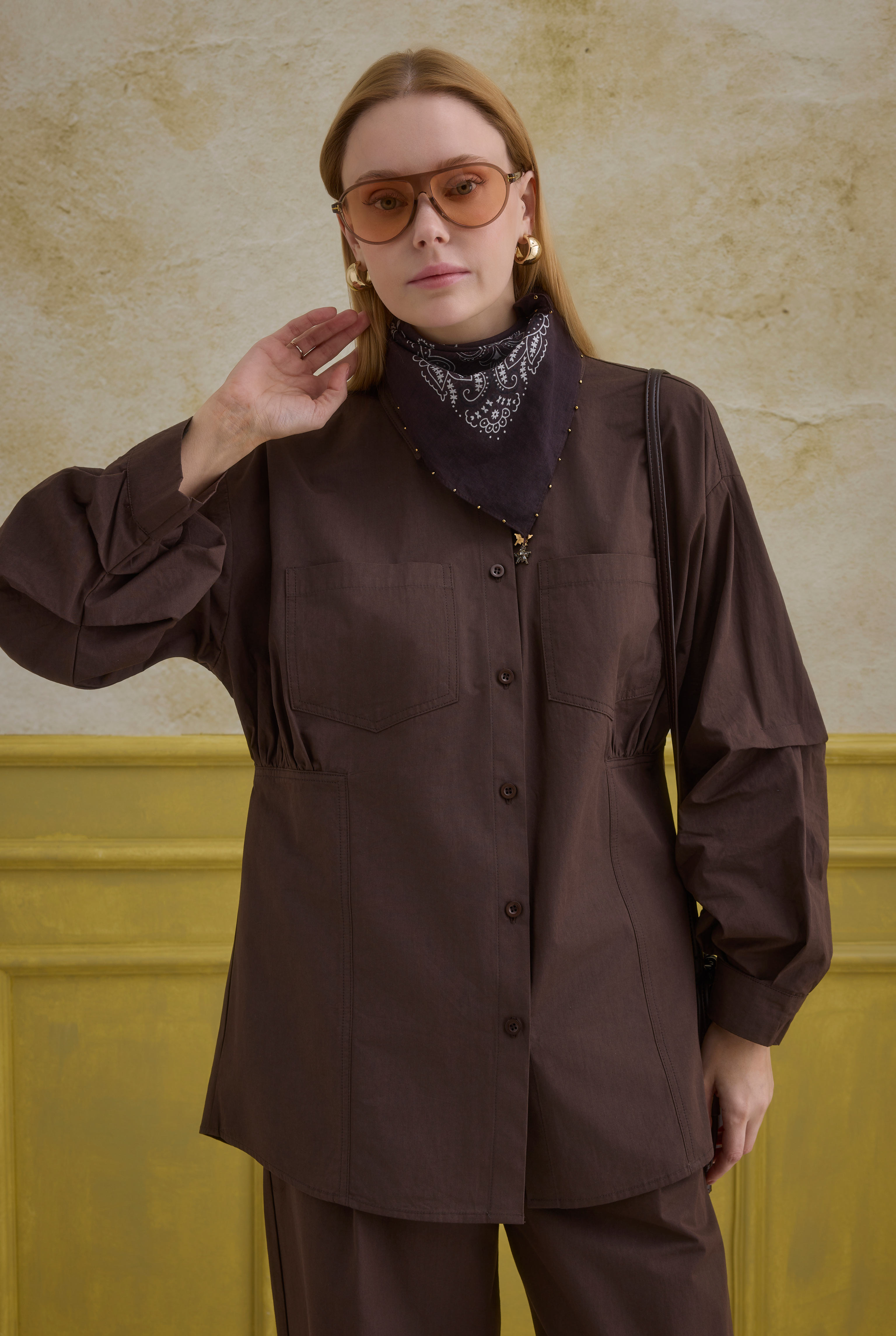 Sleeve Detailed Cotton Shirt Brown - 4