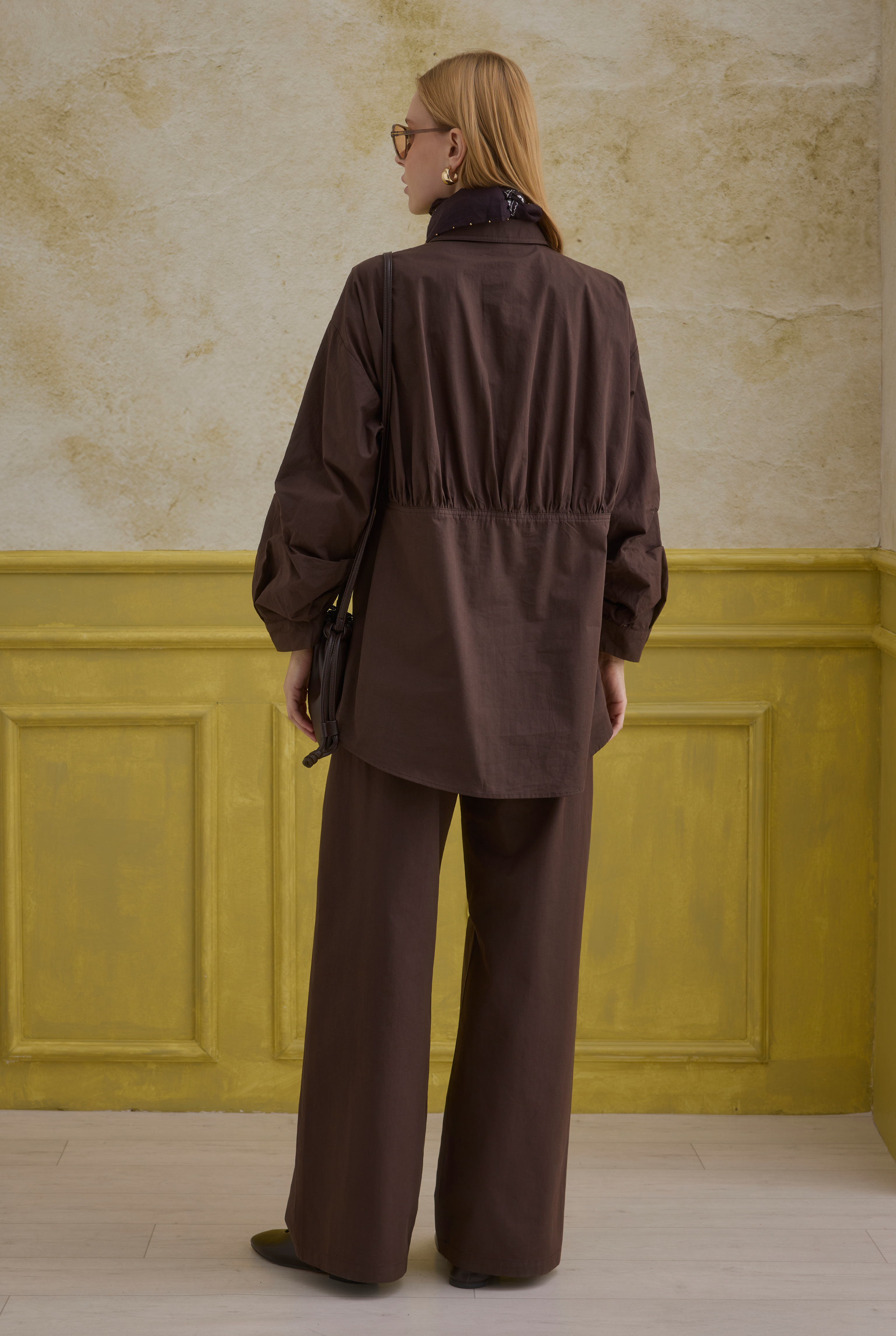 Sleeve Detailed Cotton Shirt Brown - 3