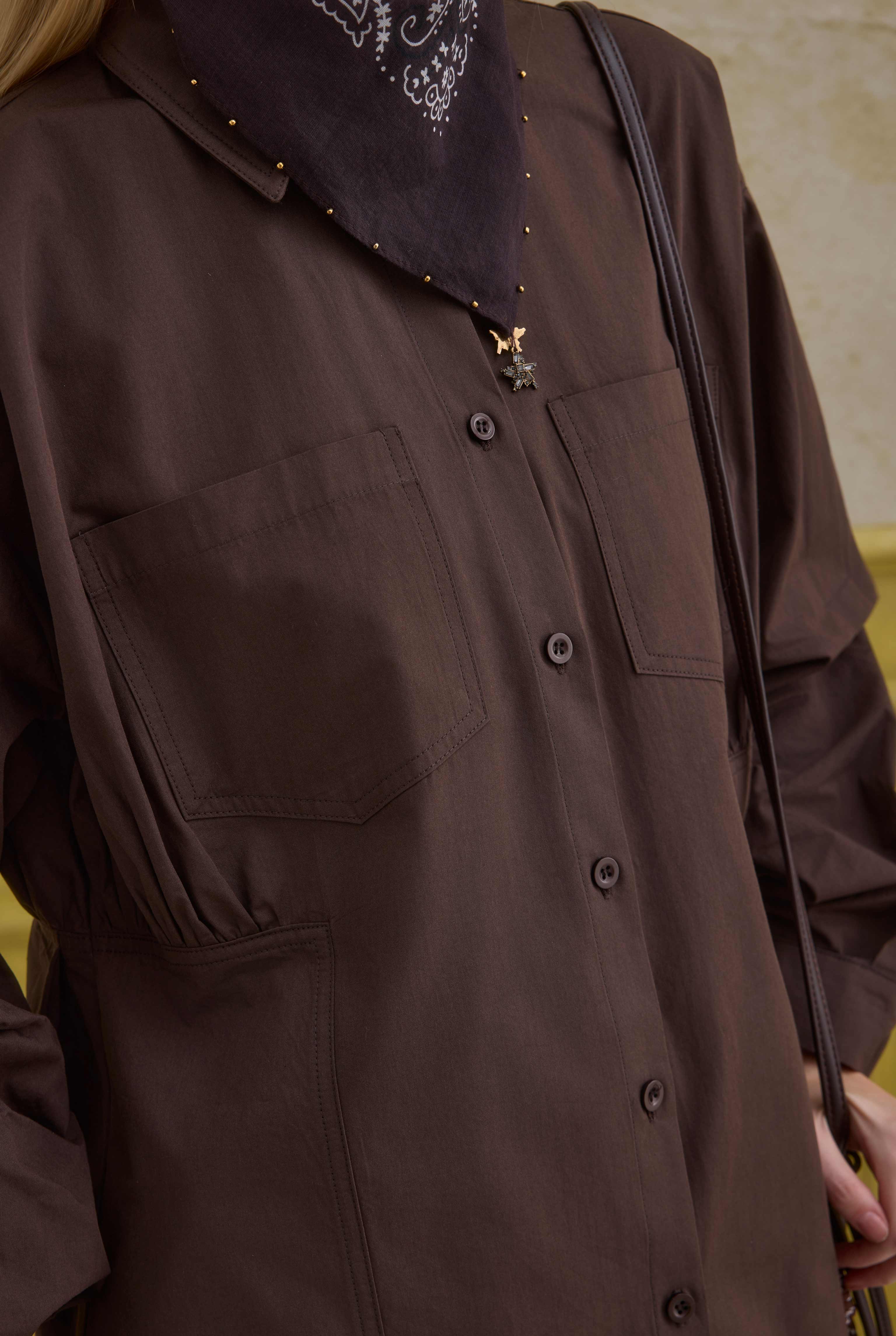Sleeve Detailed Cotton Shirt Brown - 5