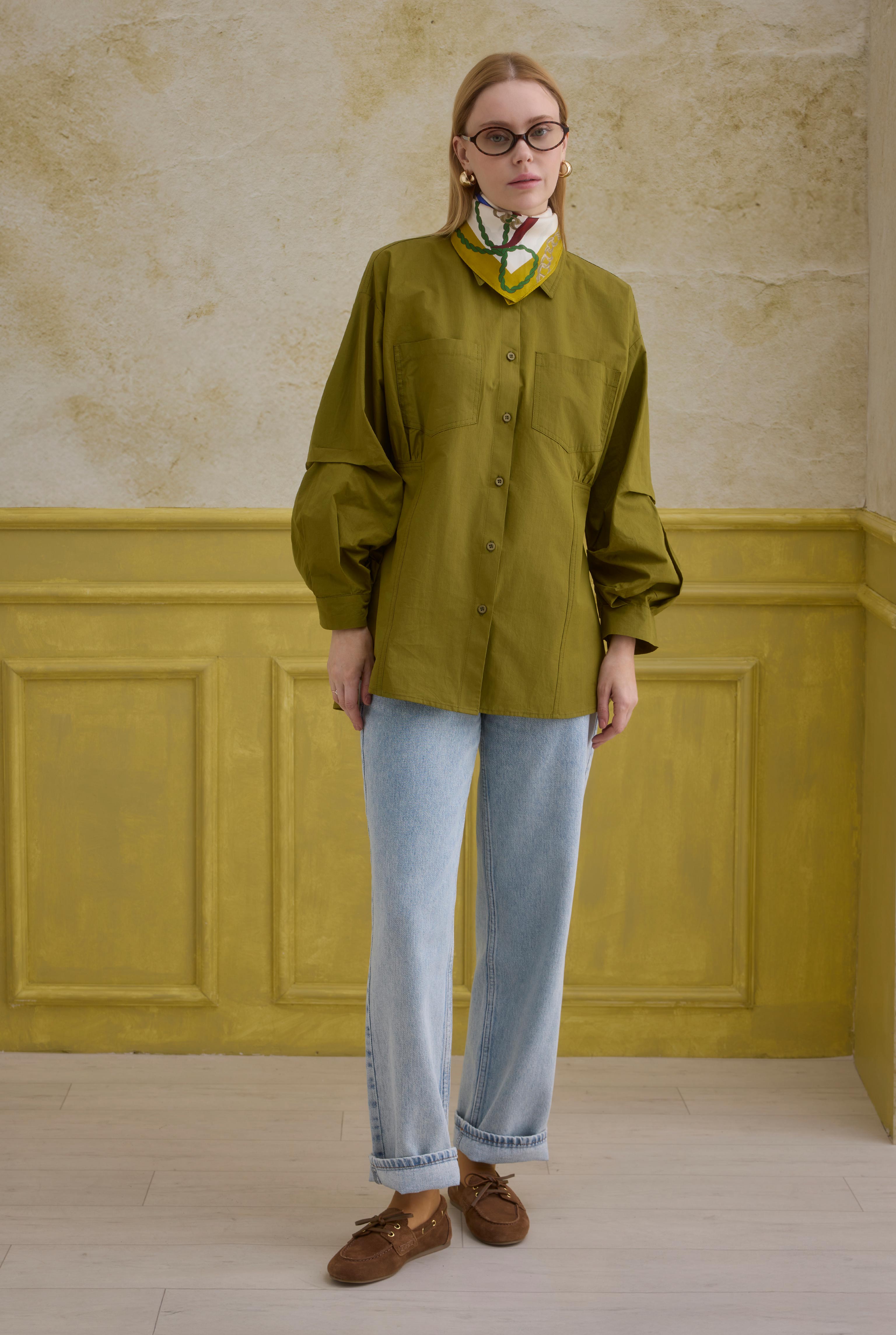 Sleeve Detailed Cotton Shirt Oil Green - 2