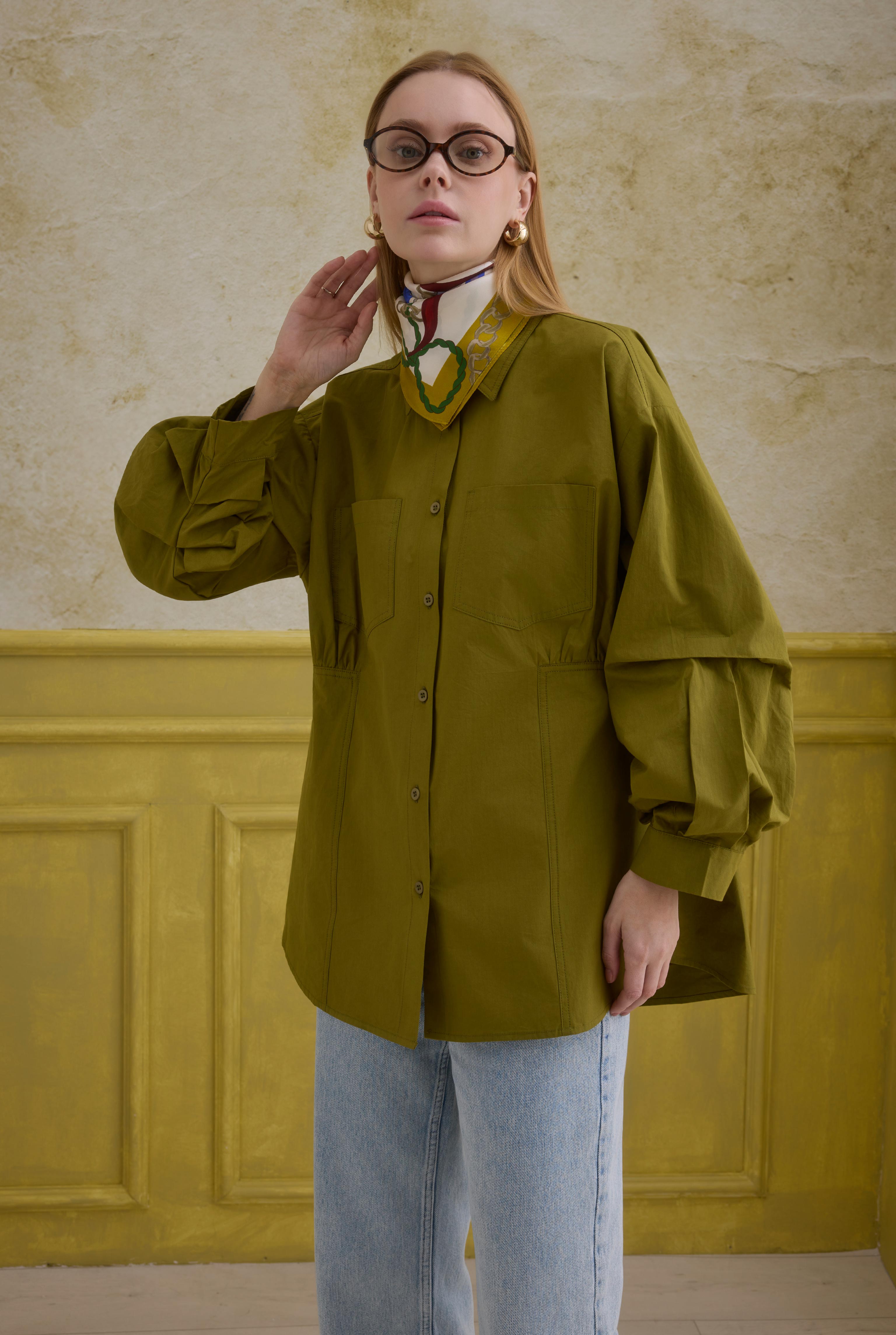 Sleeve Detailed Cotton Shirt Oil Green - HE-QA