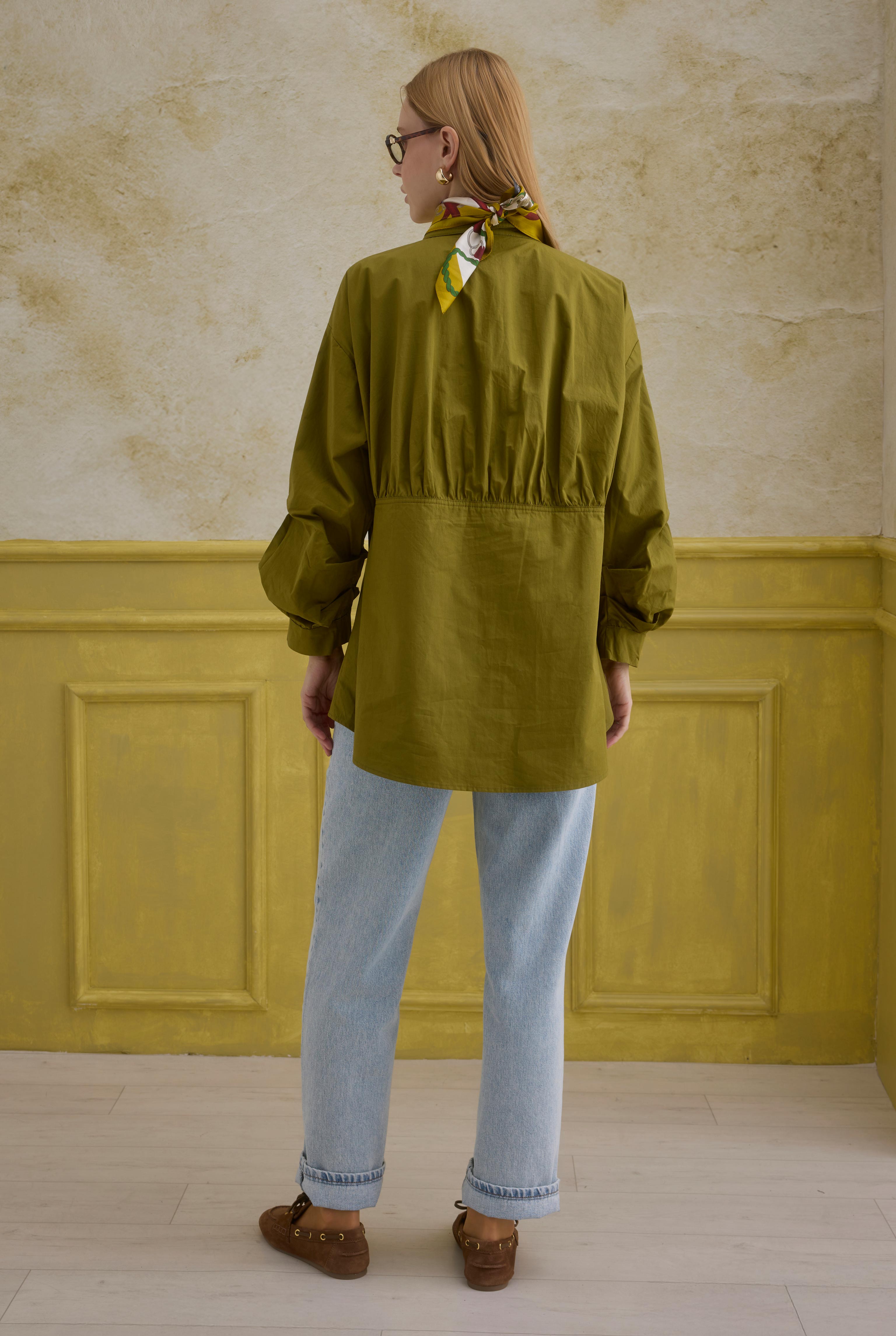 Sleeve Detailed Cotton Shirt Oil Green - 3