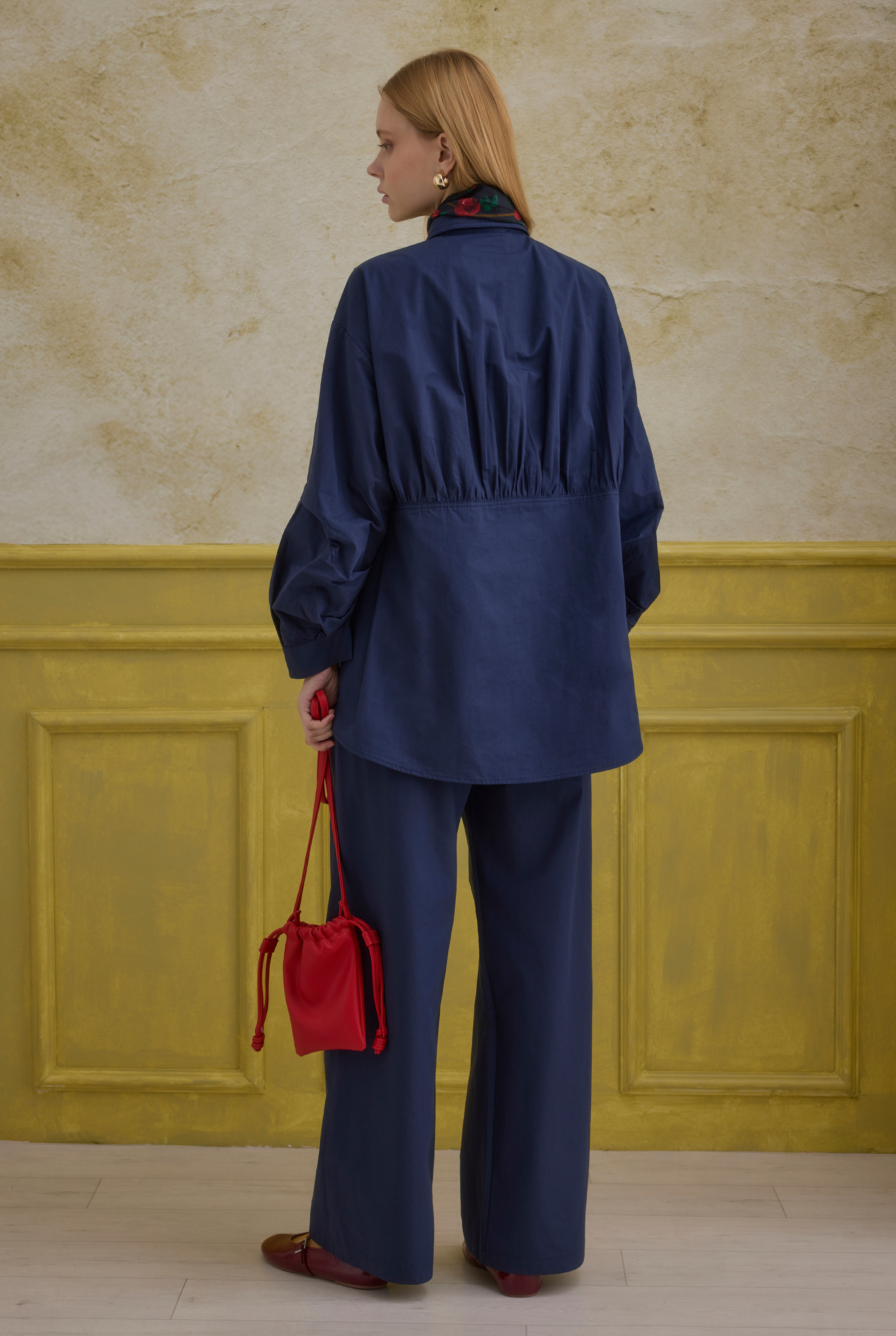 Sleeve Detailed Cotton Shirt Navy Blue - 4