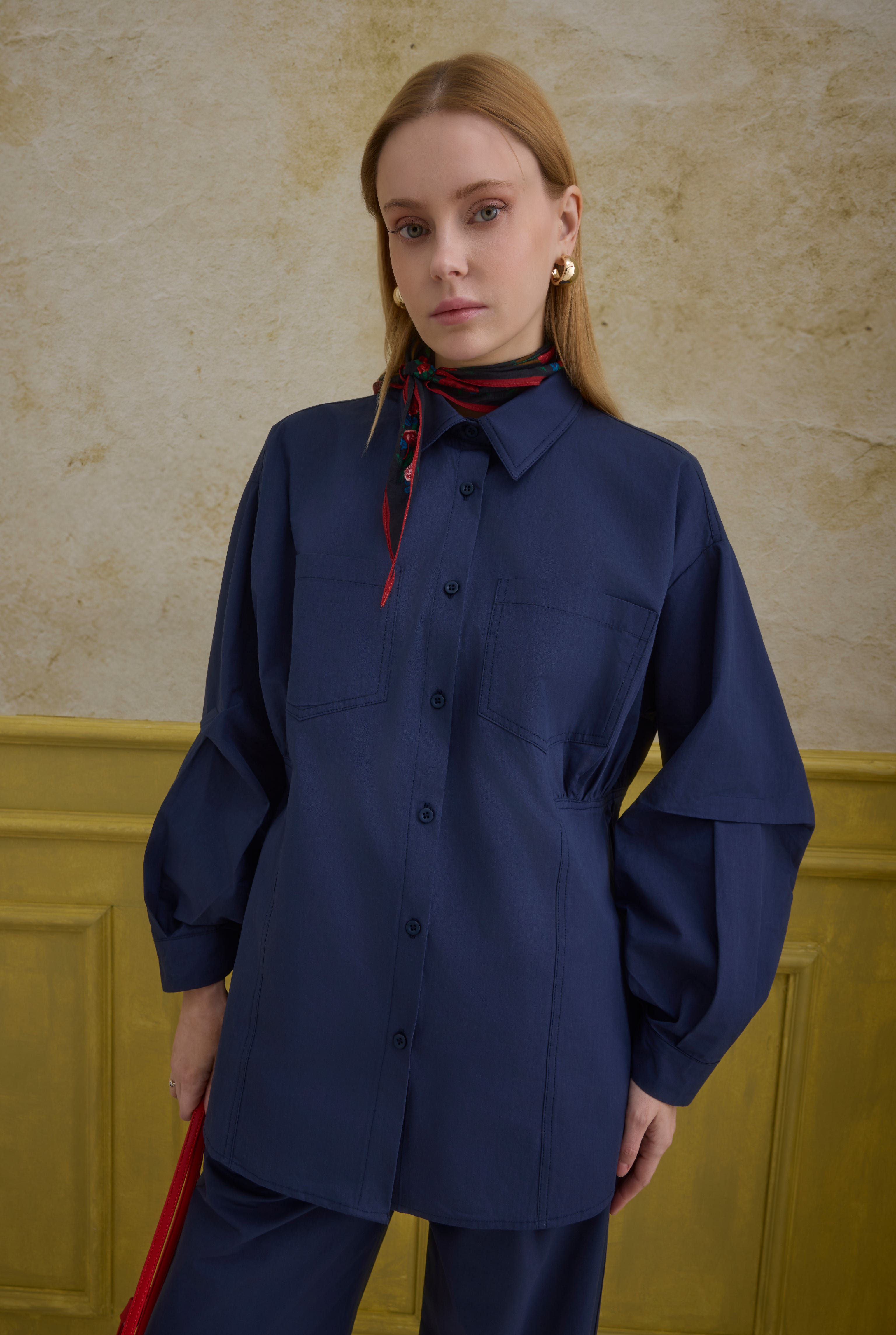 Sleeve Detailed Cotton Shirt Navy Blue - 2