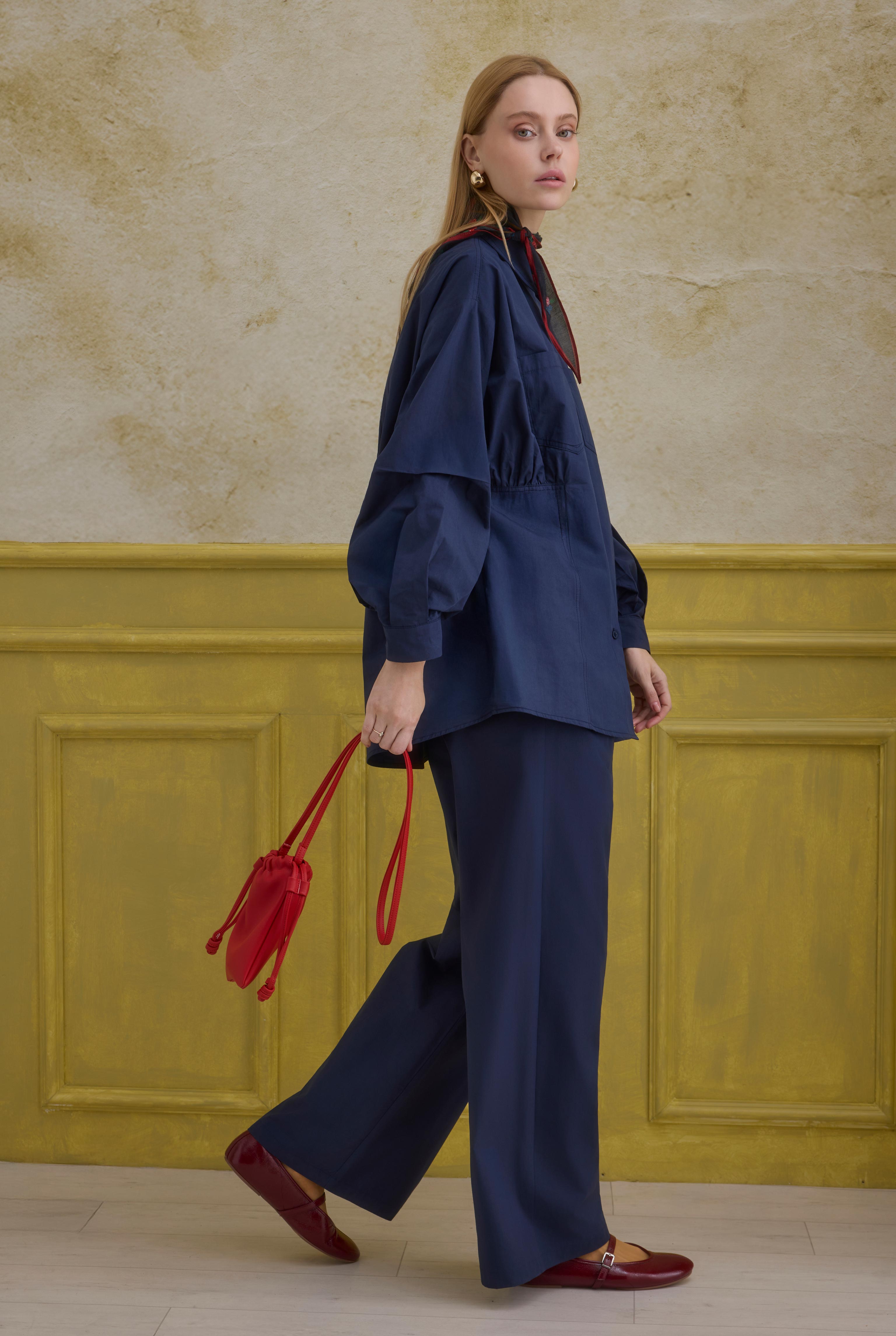 Sleeve Detailed Cotton Shirt Navy Blue - 3