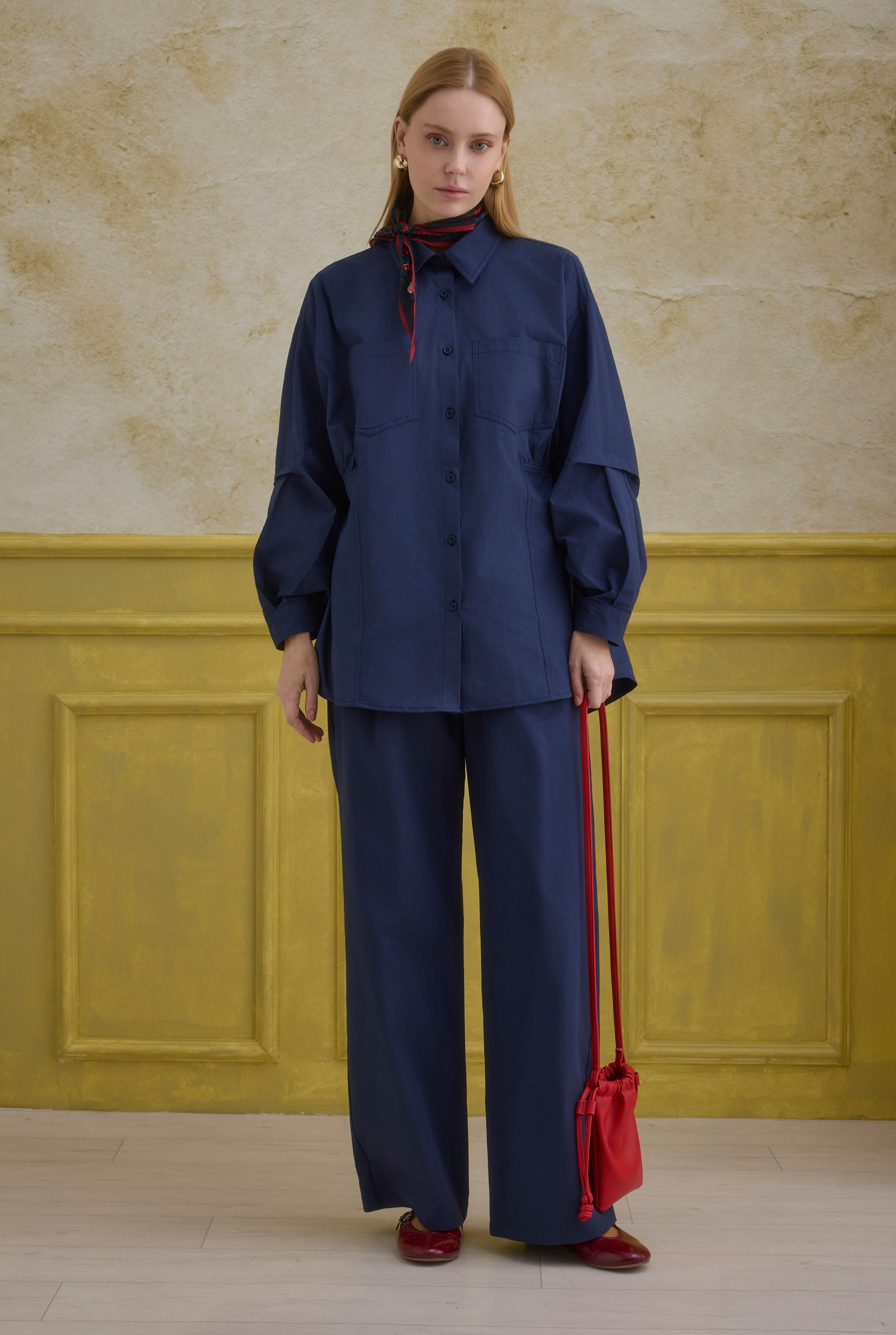Sleeve Detailed Cotton Shirt Navy Blue - HE-QA