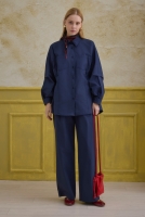 Sleeve Detailed Cotton Shirt Navy Blue 