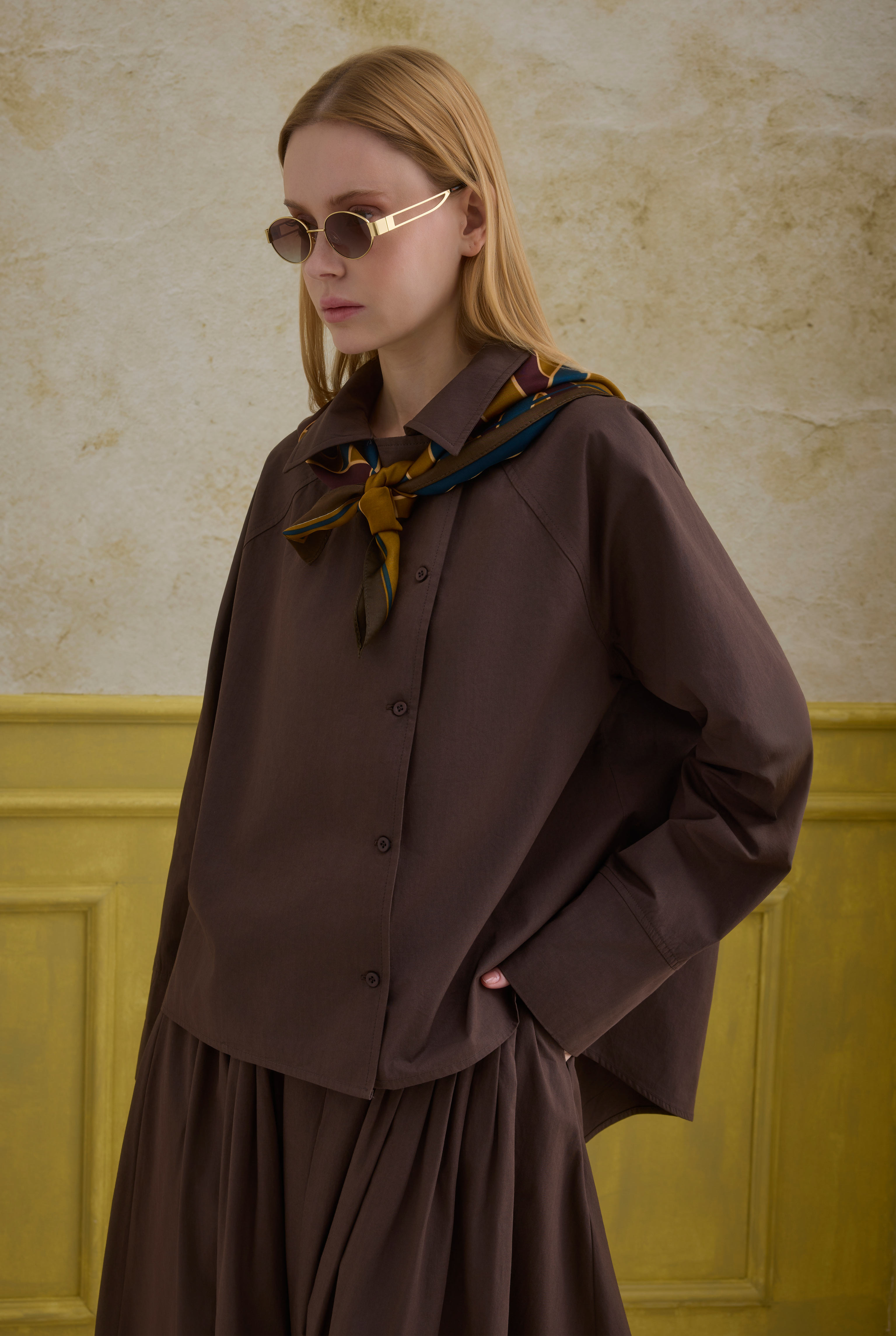 Double Breasted Cotton Shirt Brown - 2