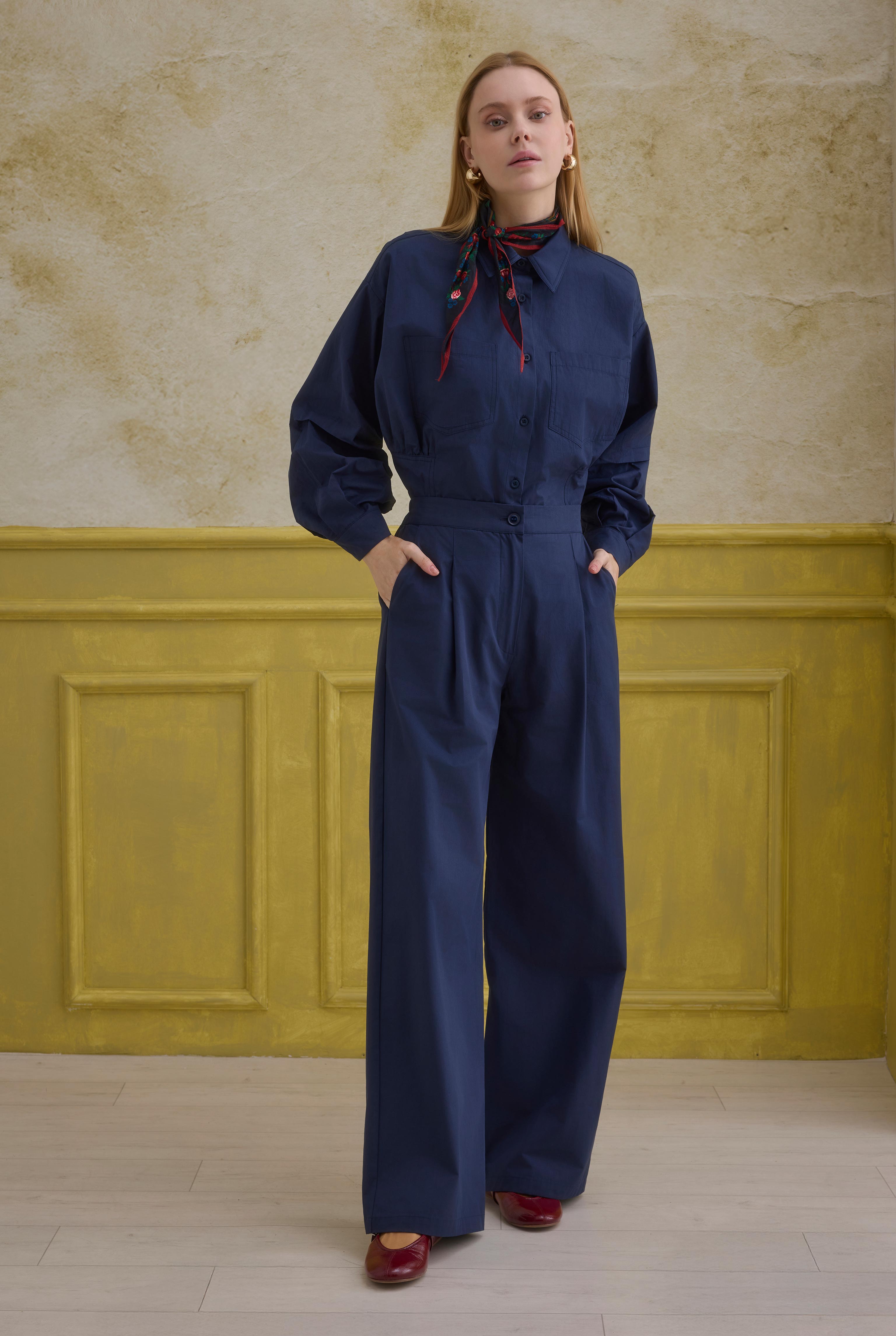 100% Cotton Trousers Navy Blue - HE-QA