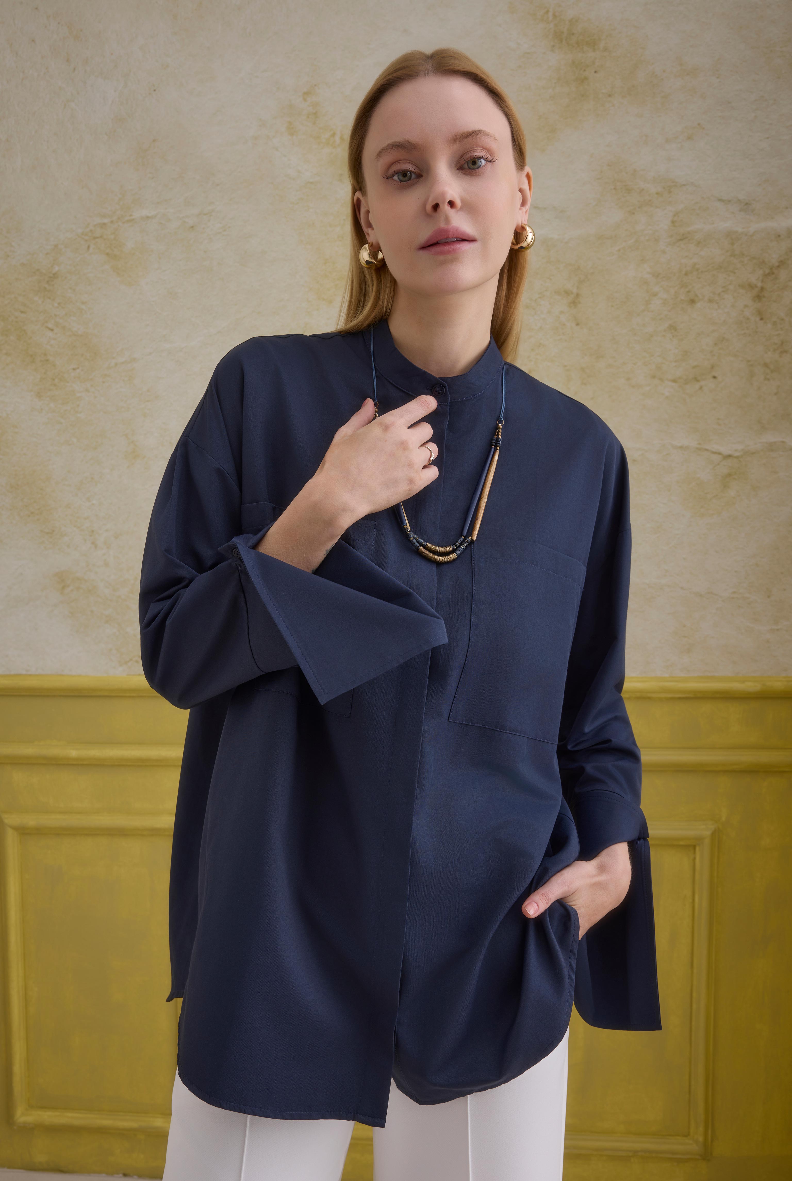 Cuff Detailed Shirt Navy Blue - HE-QA
