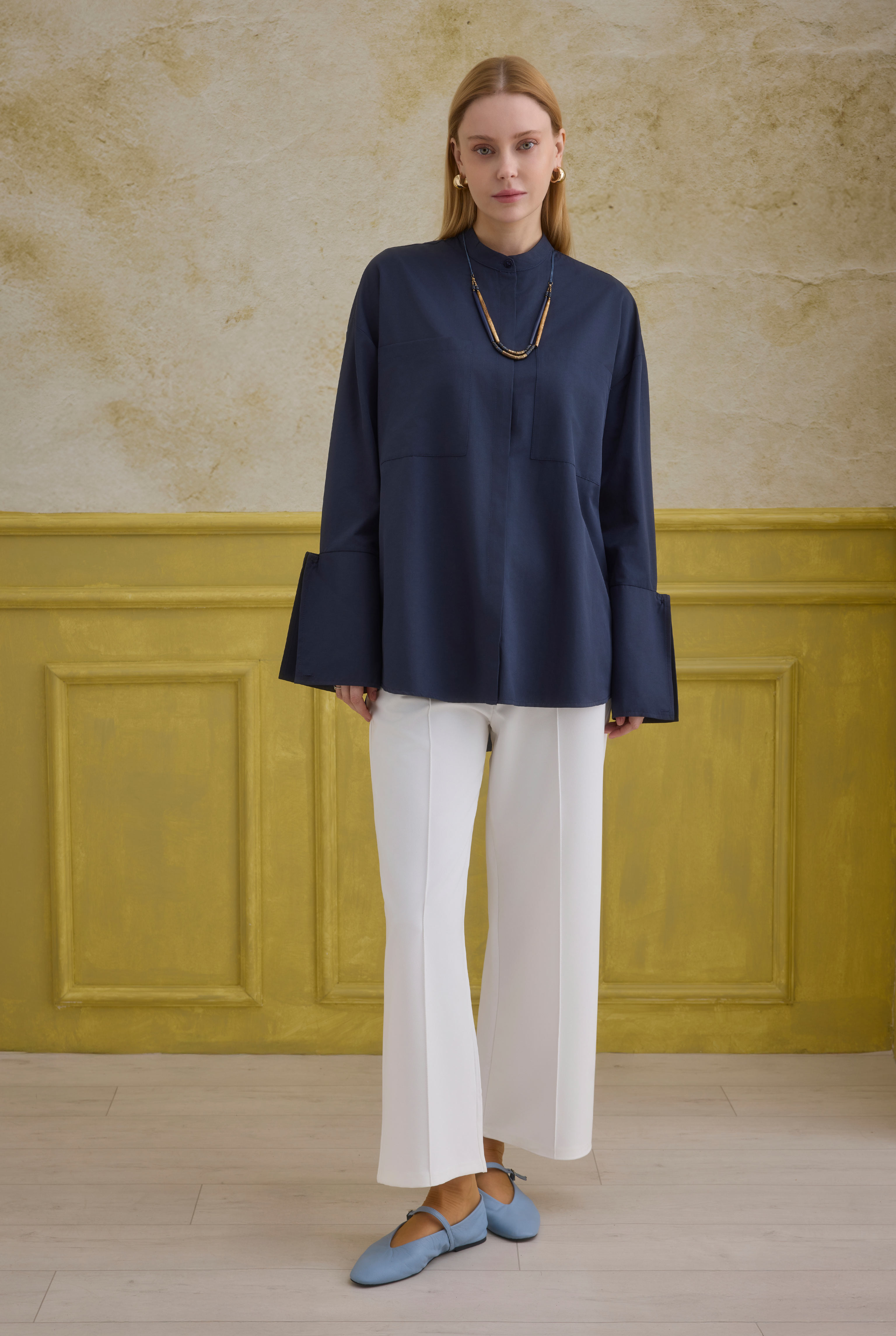 Cuff Detailed Shirt Navy Blue - 3