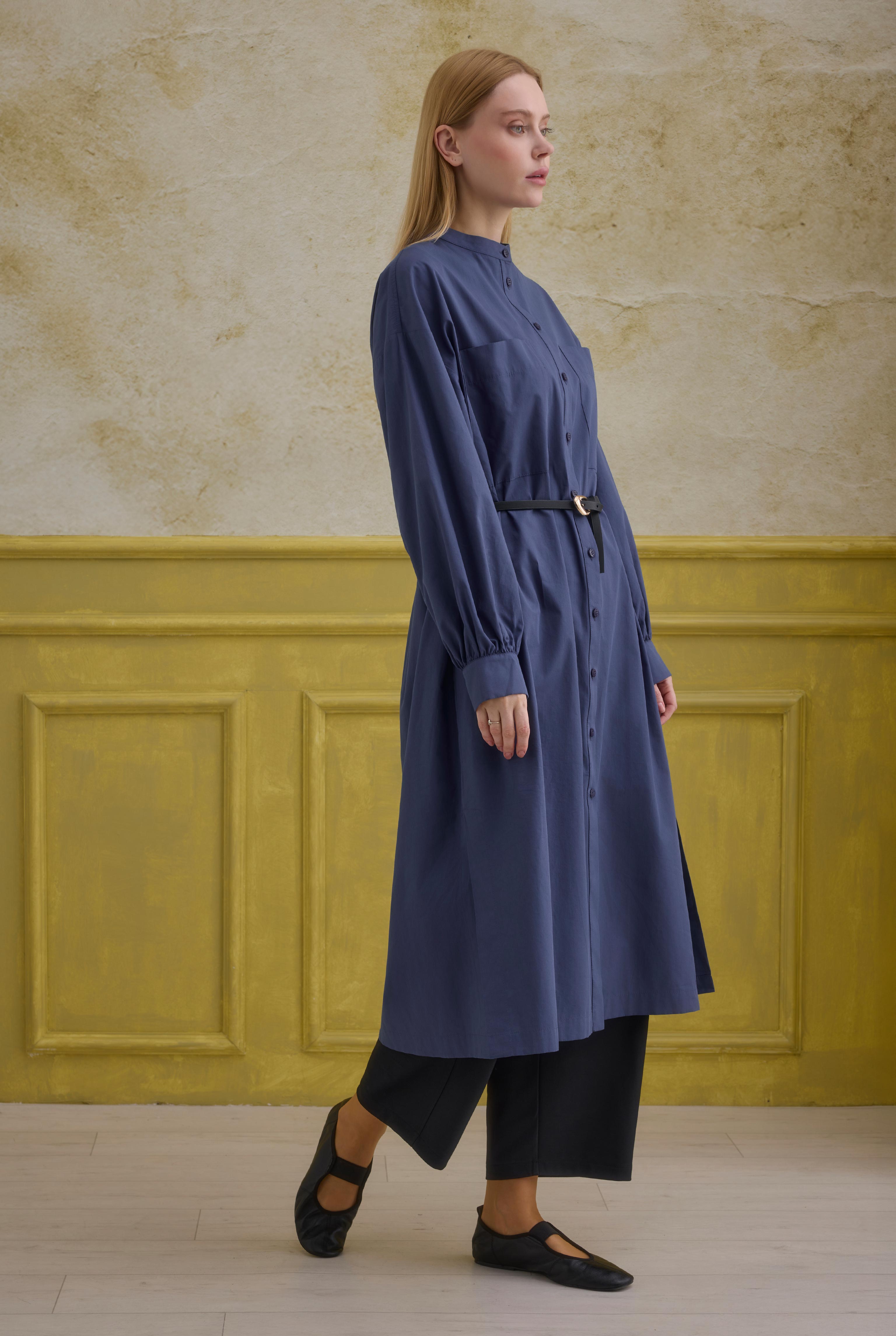Mandarin Collar Long Tunic Dark Royal Blue - 2