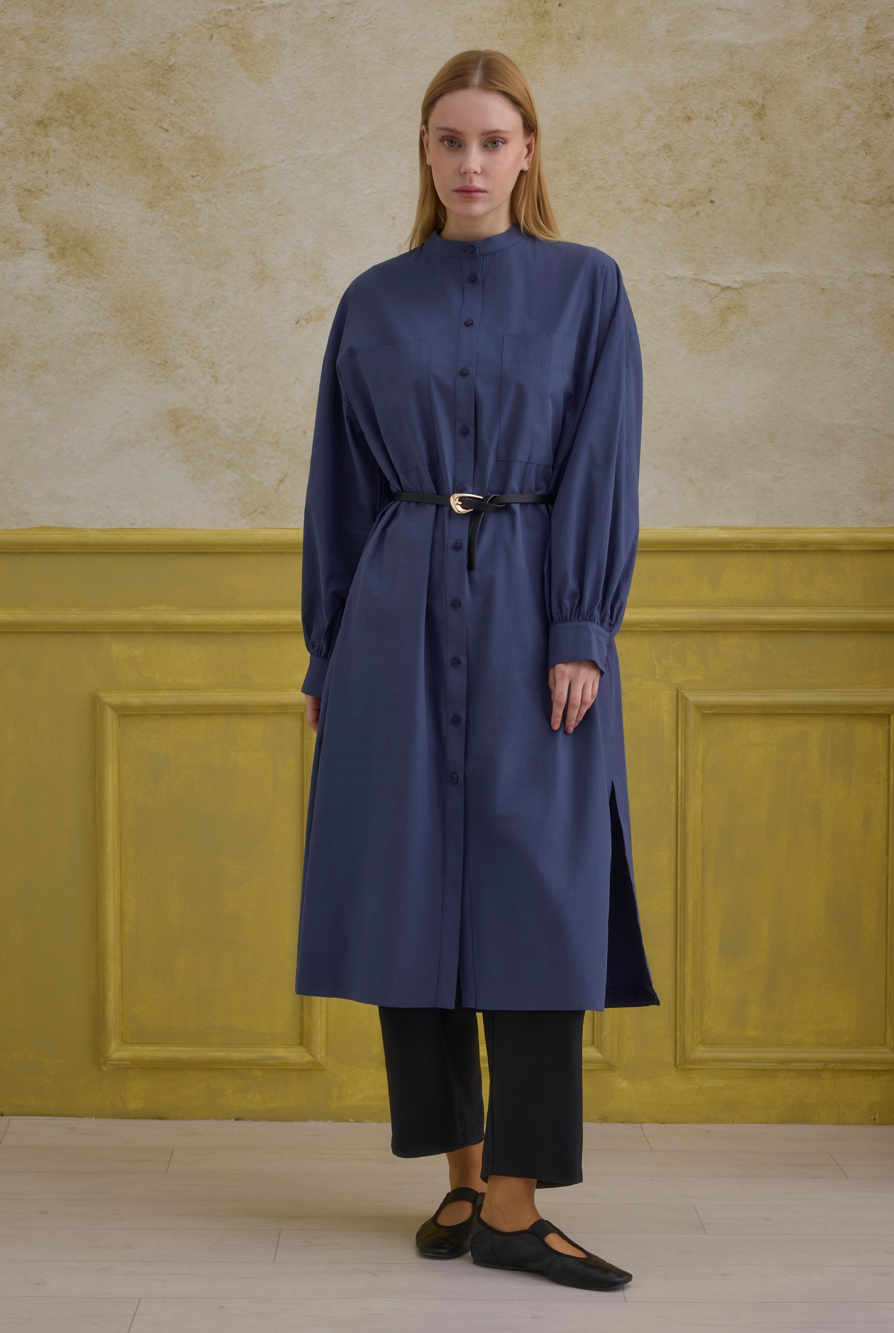 Mandarin Collar Long Tunic Dark Royal Blue - 3