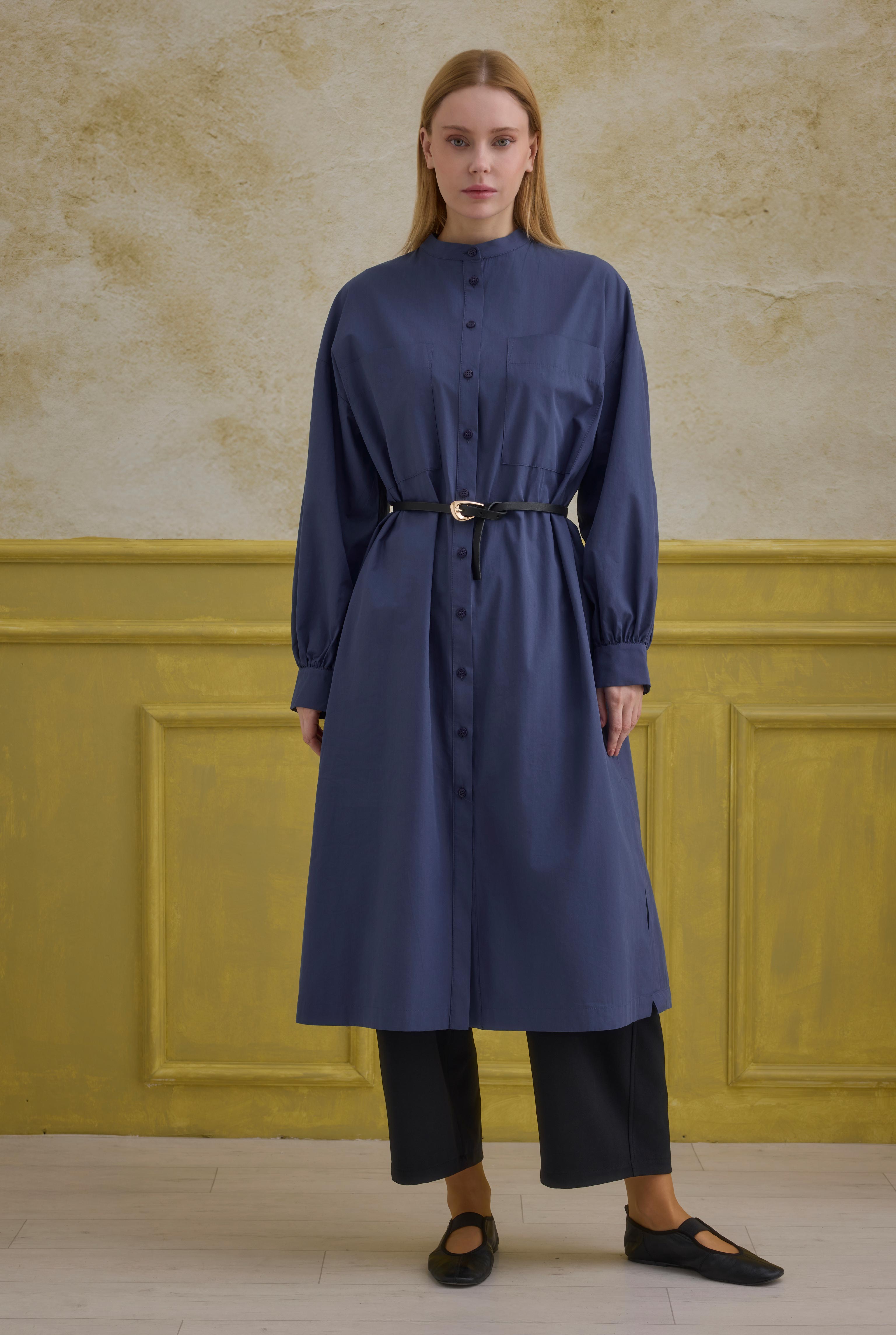 Mandarin Collar Long Tunic Dark Royal Blue - 4