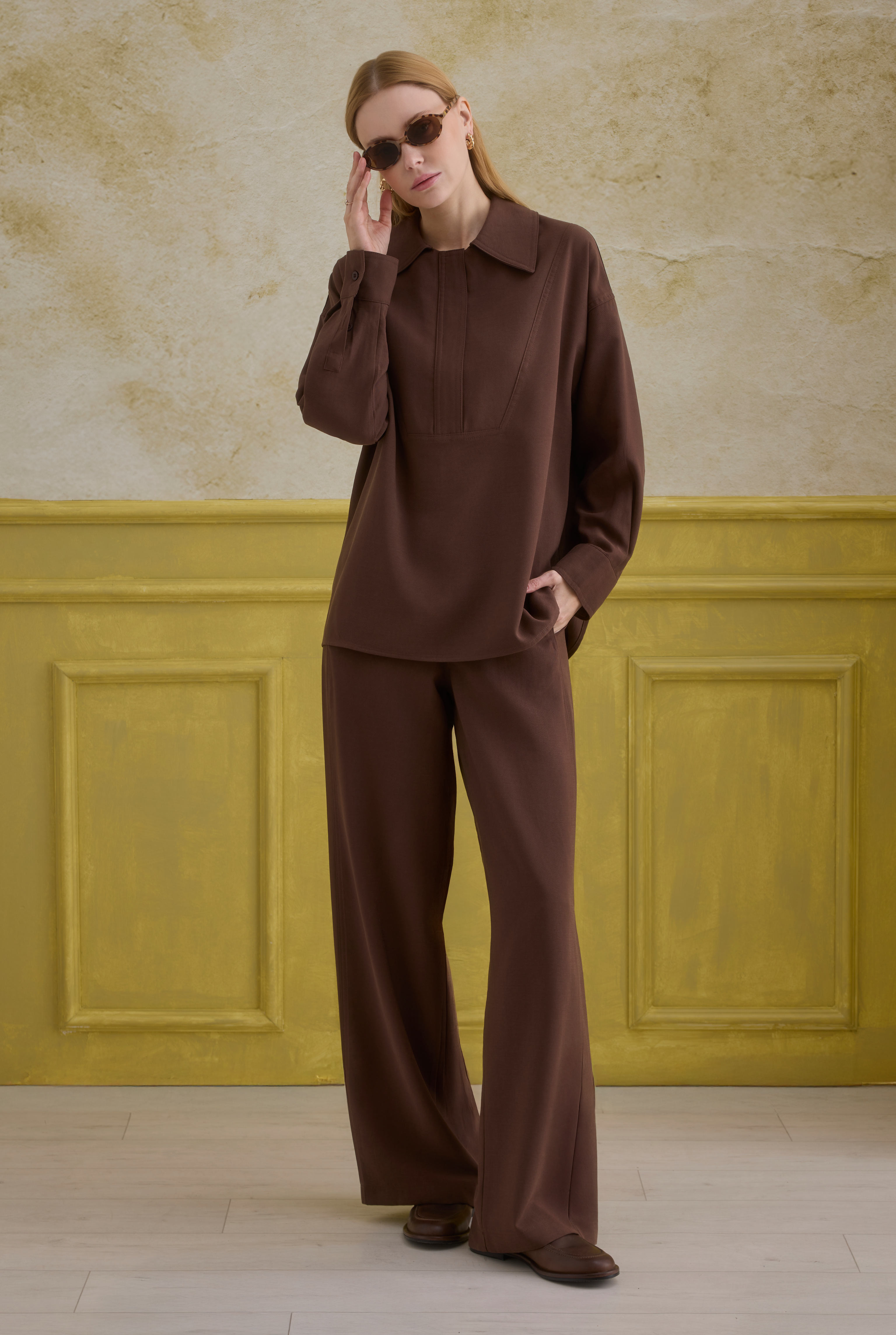 Zipper Detailed Shirt Brown - 1