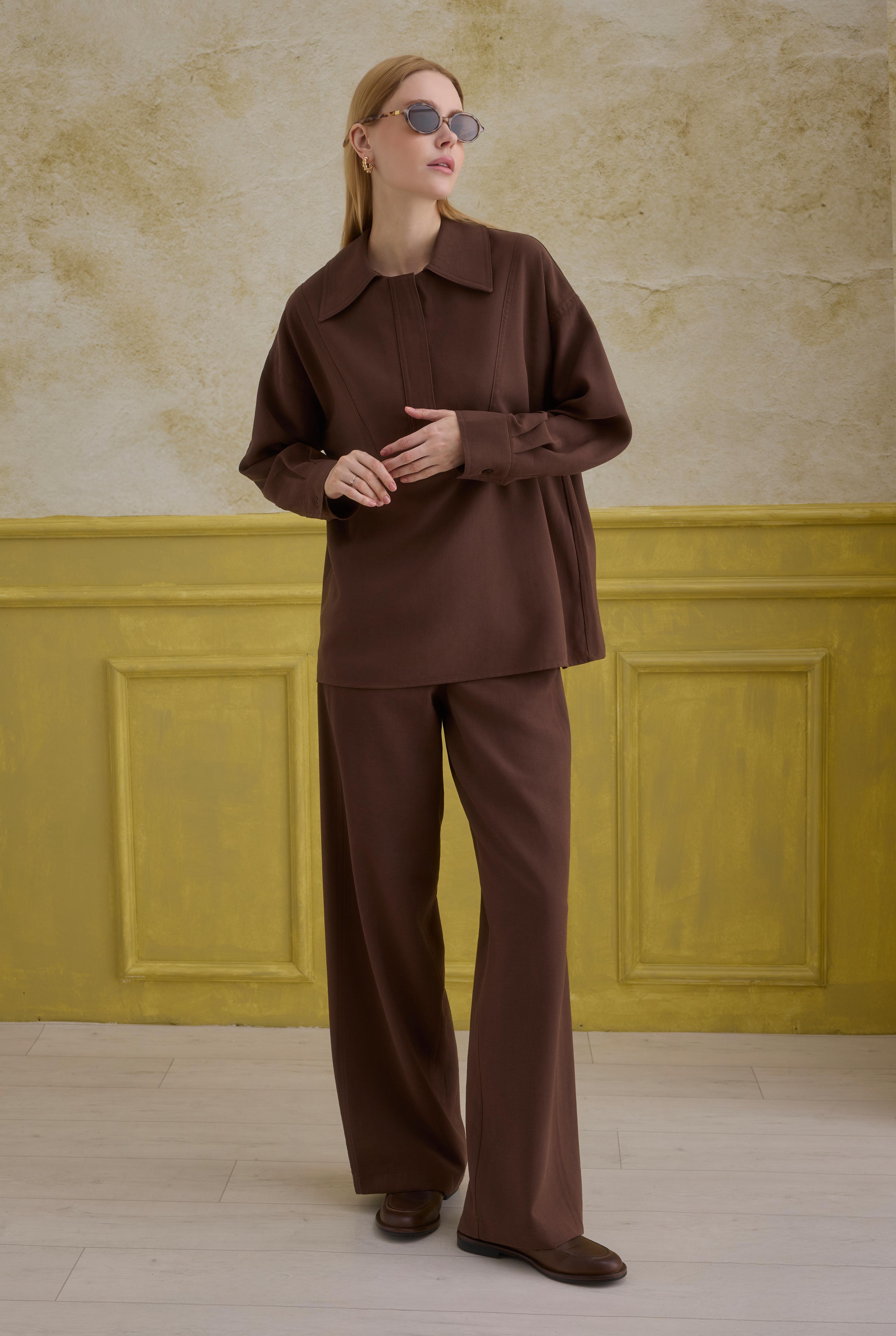 Zipper Detailed Shirt Brown - 3