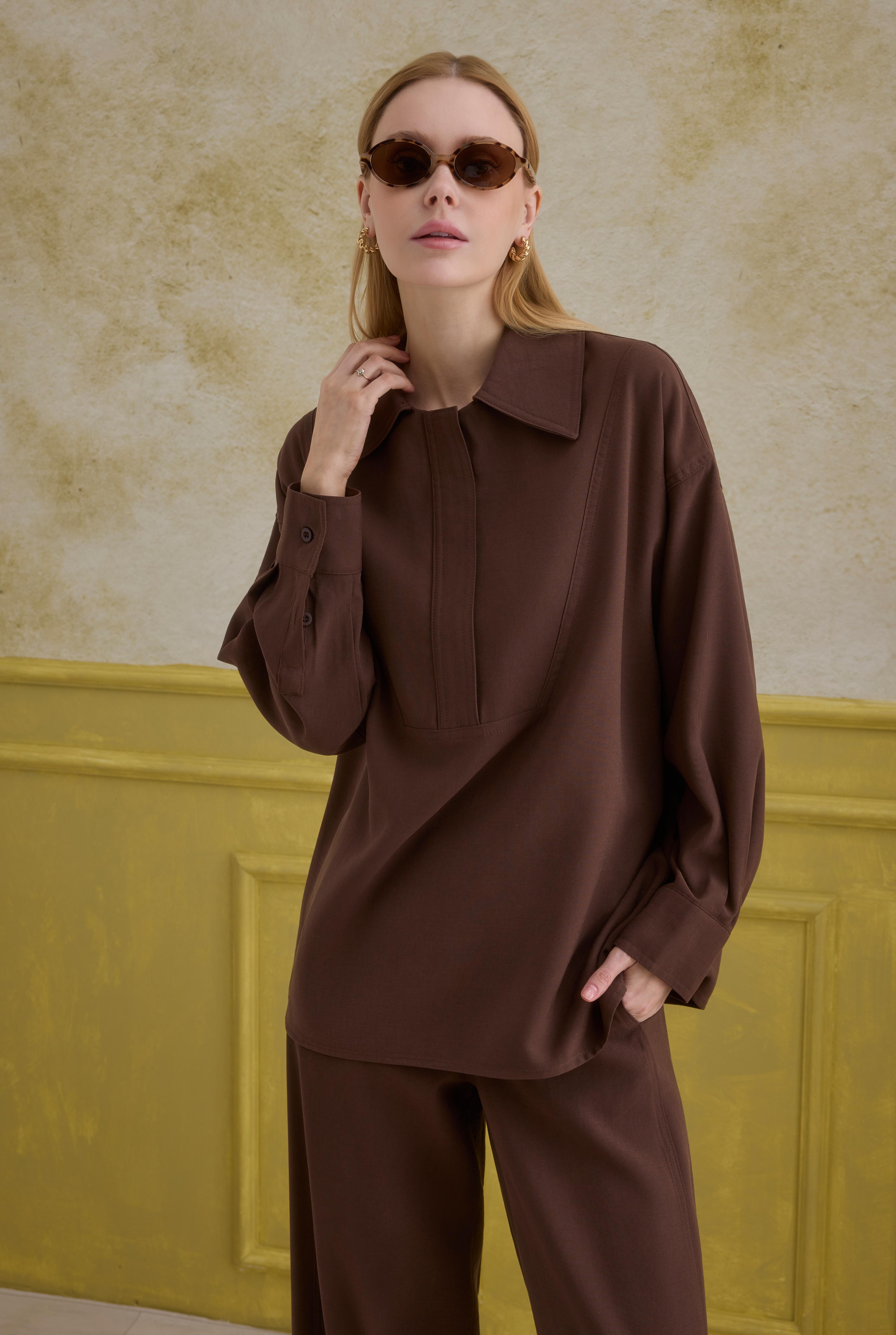 Zipper Detailed Shirt Brown - 4