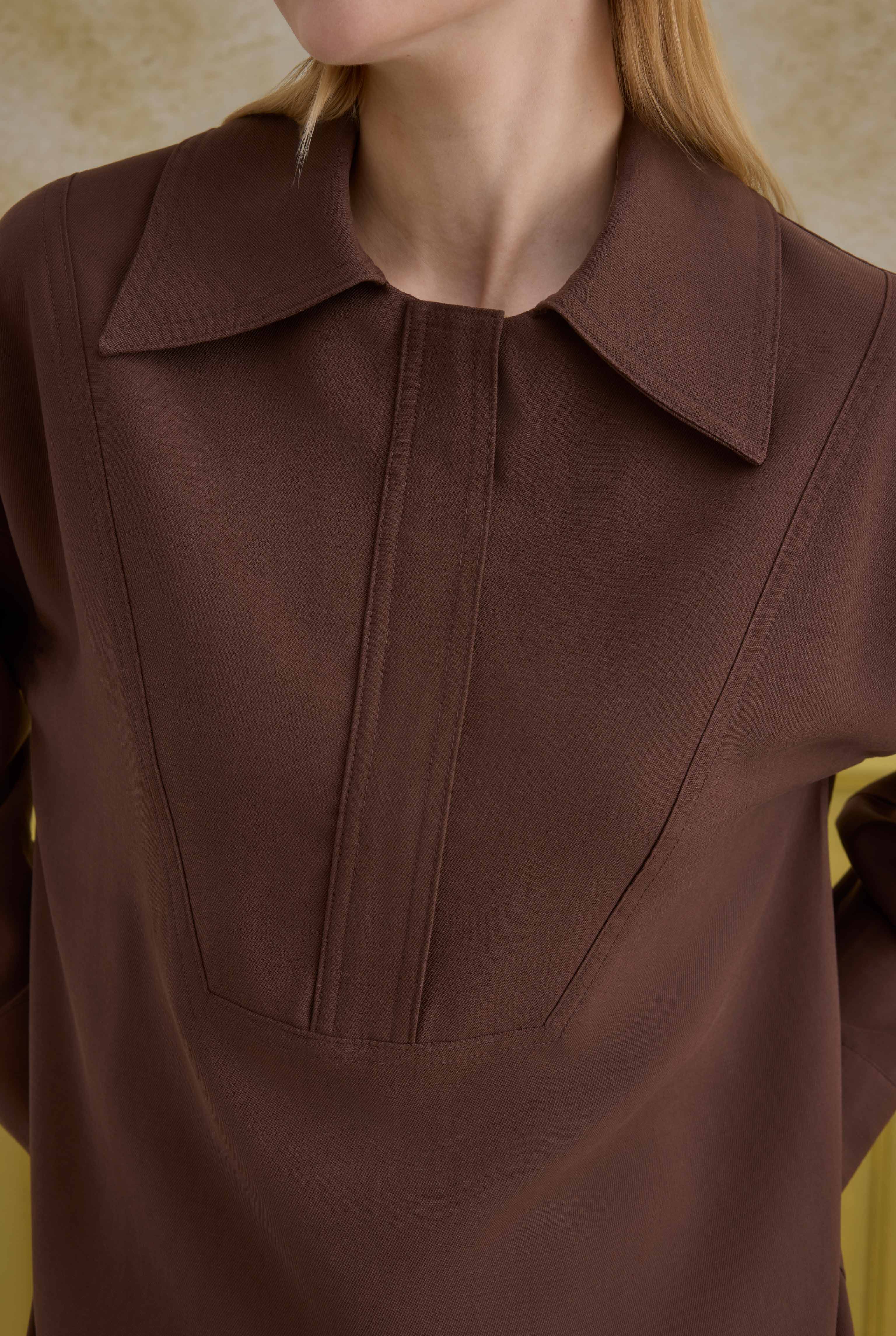 Zipper Detailed Shirt Brown - 5