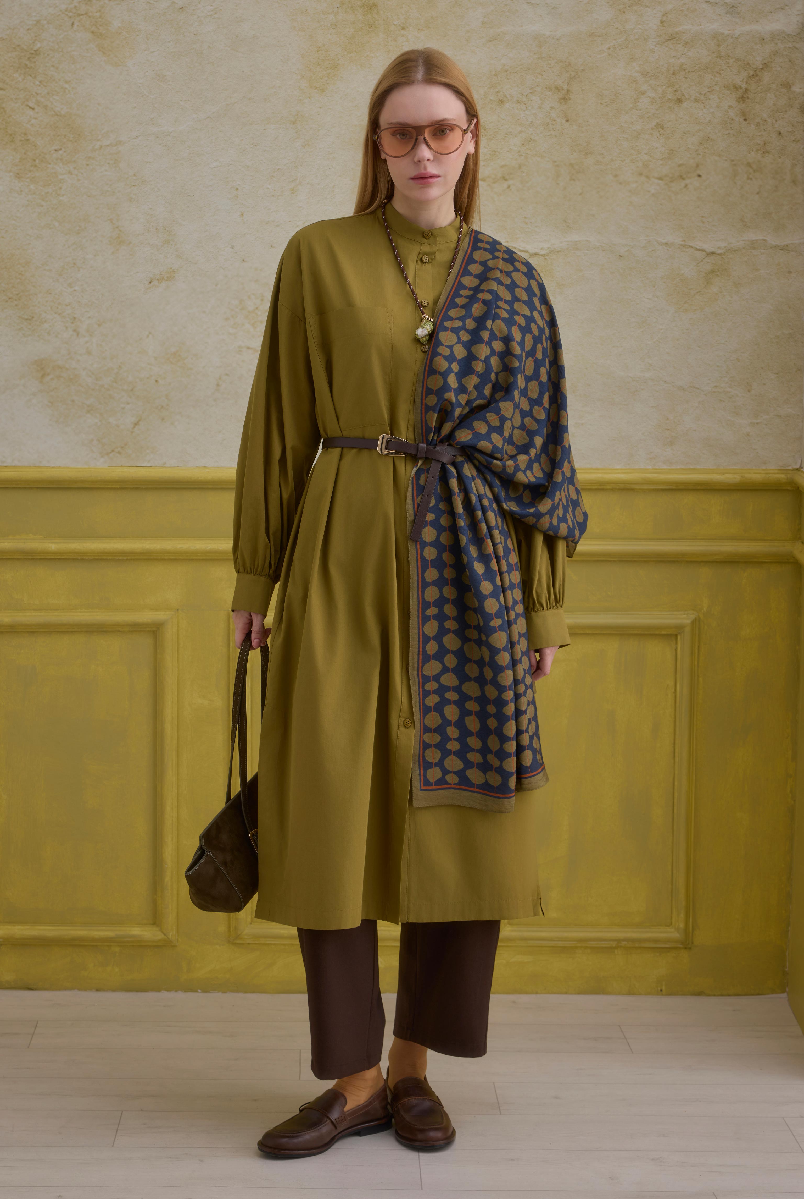 Mandarin Collar Long Tunic Oil Green - 1