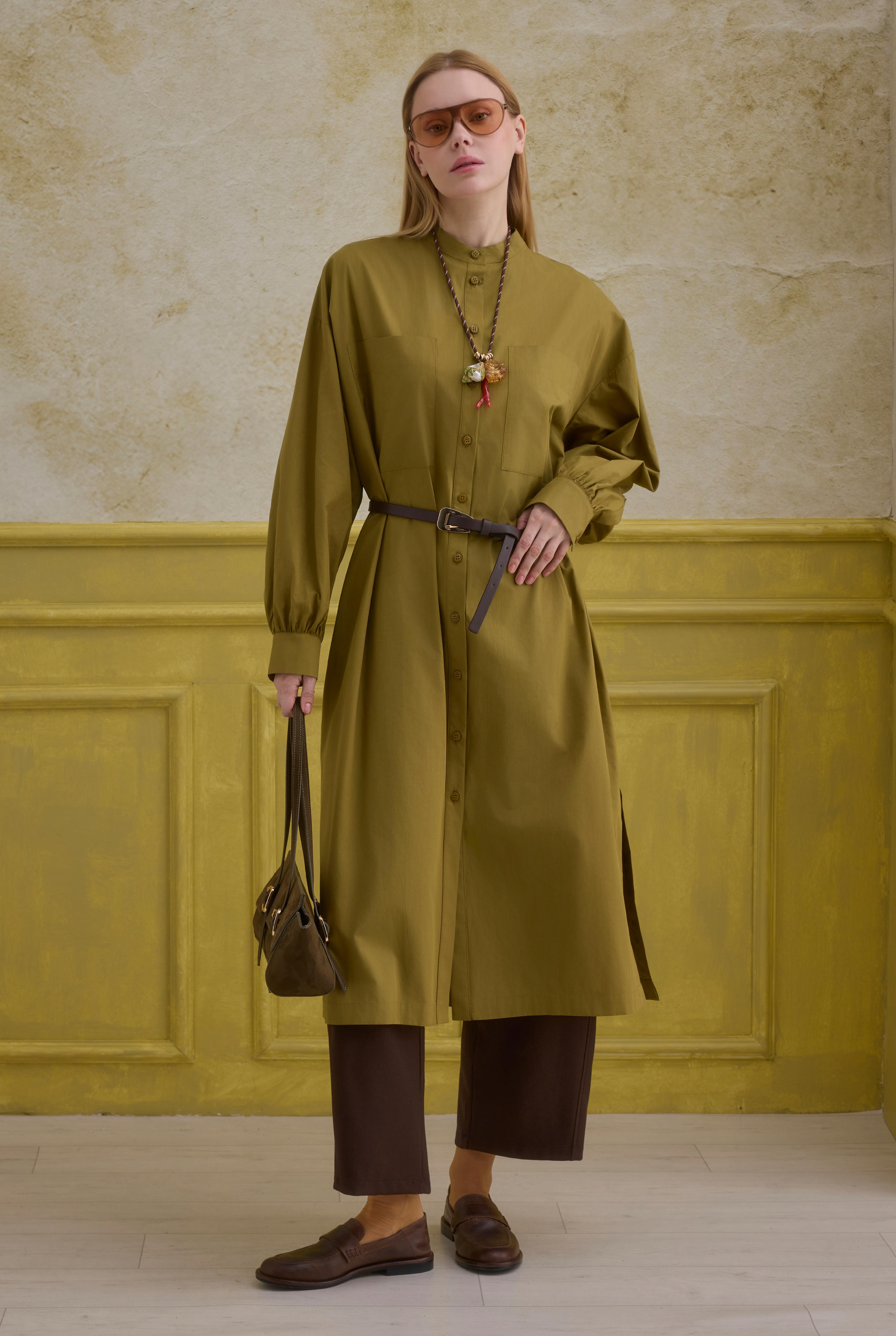 Mandarin Collar Long Tunic Oil Green - 2
