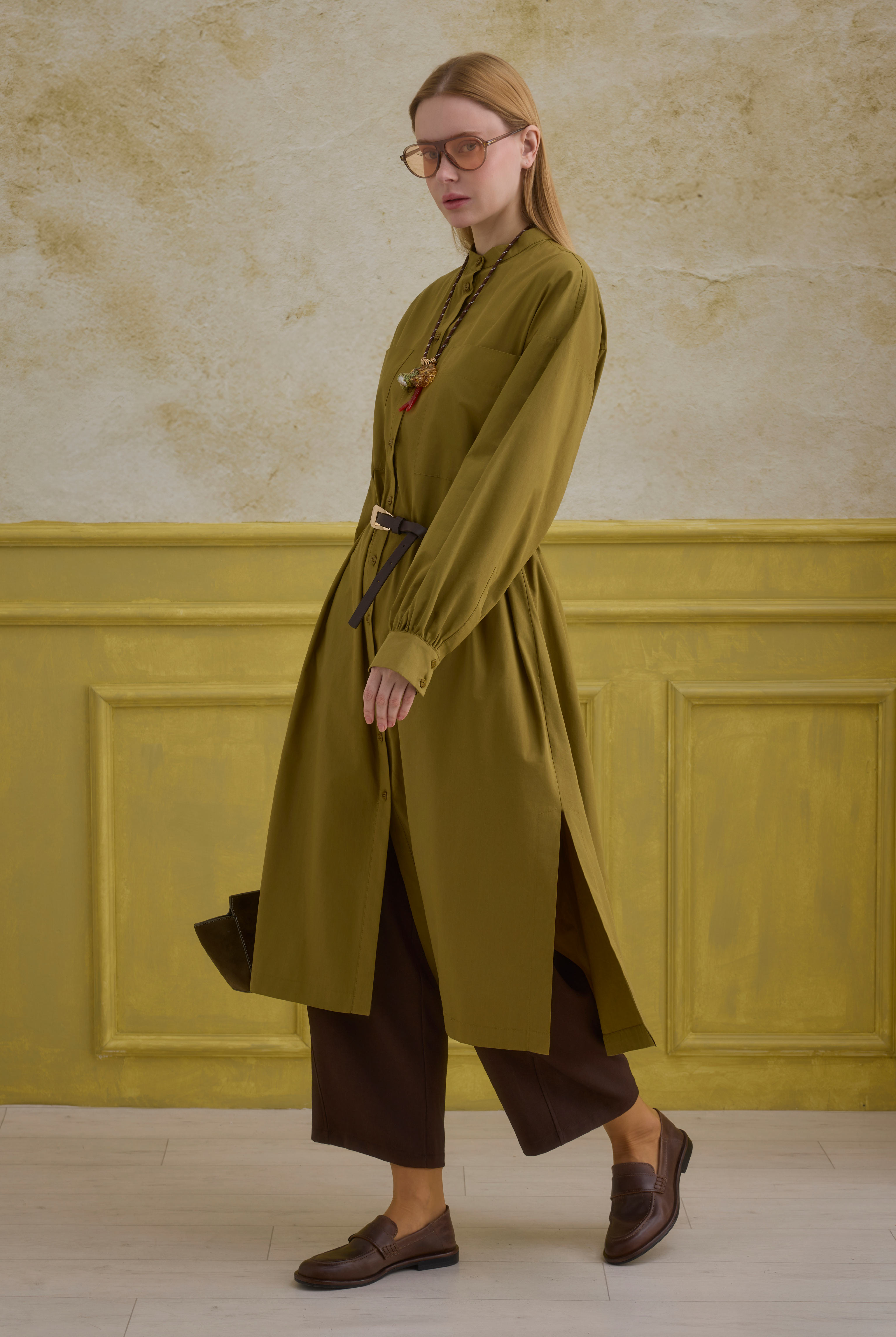 Mandarin Collar Long Tunic Oil Green - 3