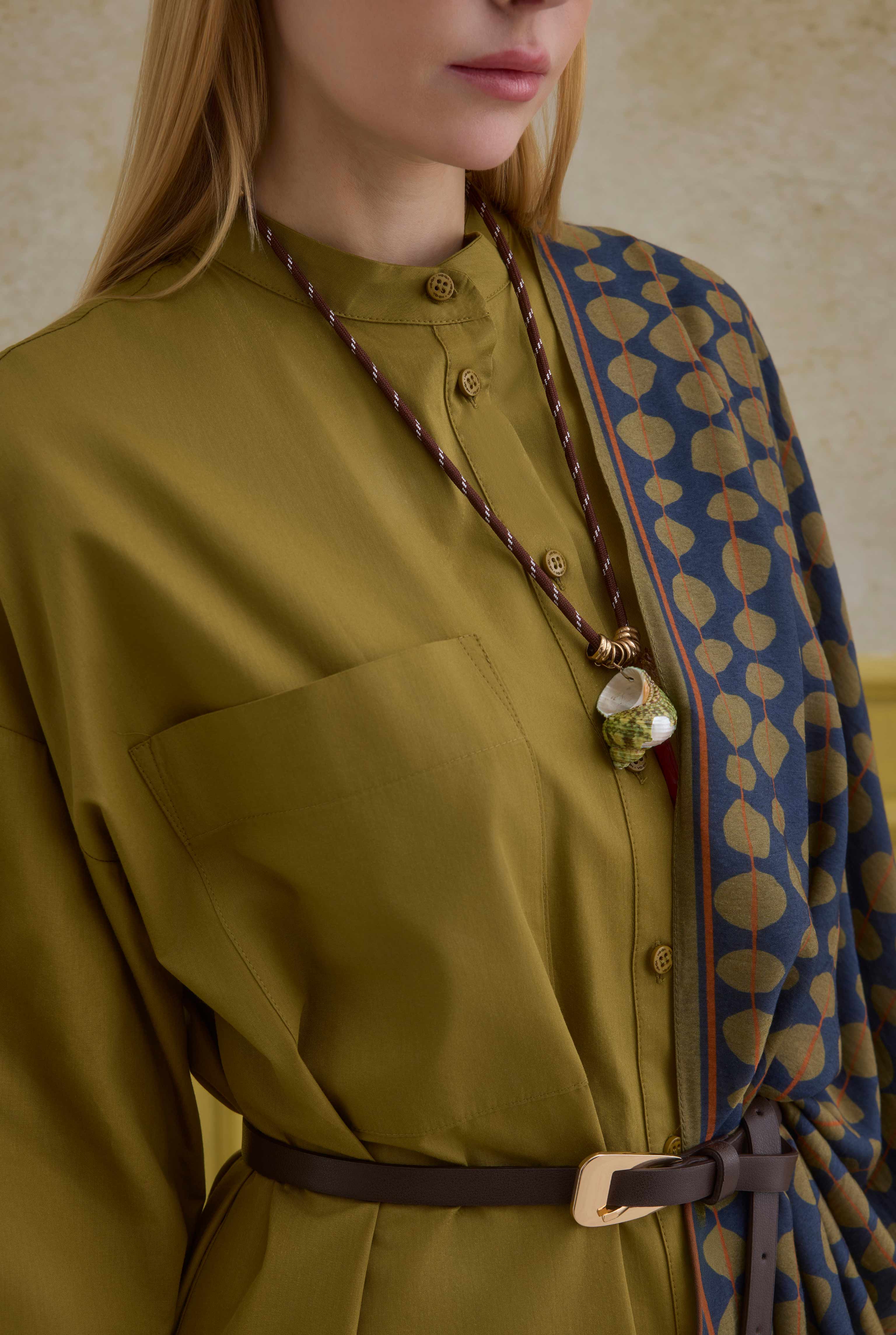 Mandarin Collar Long Tunic Oil Green - 5
