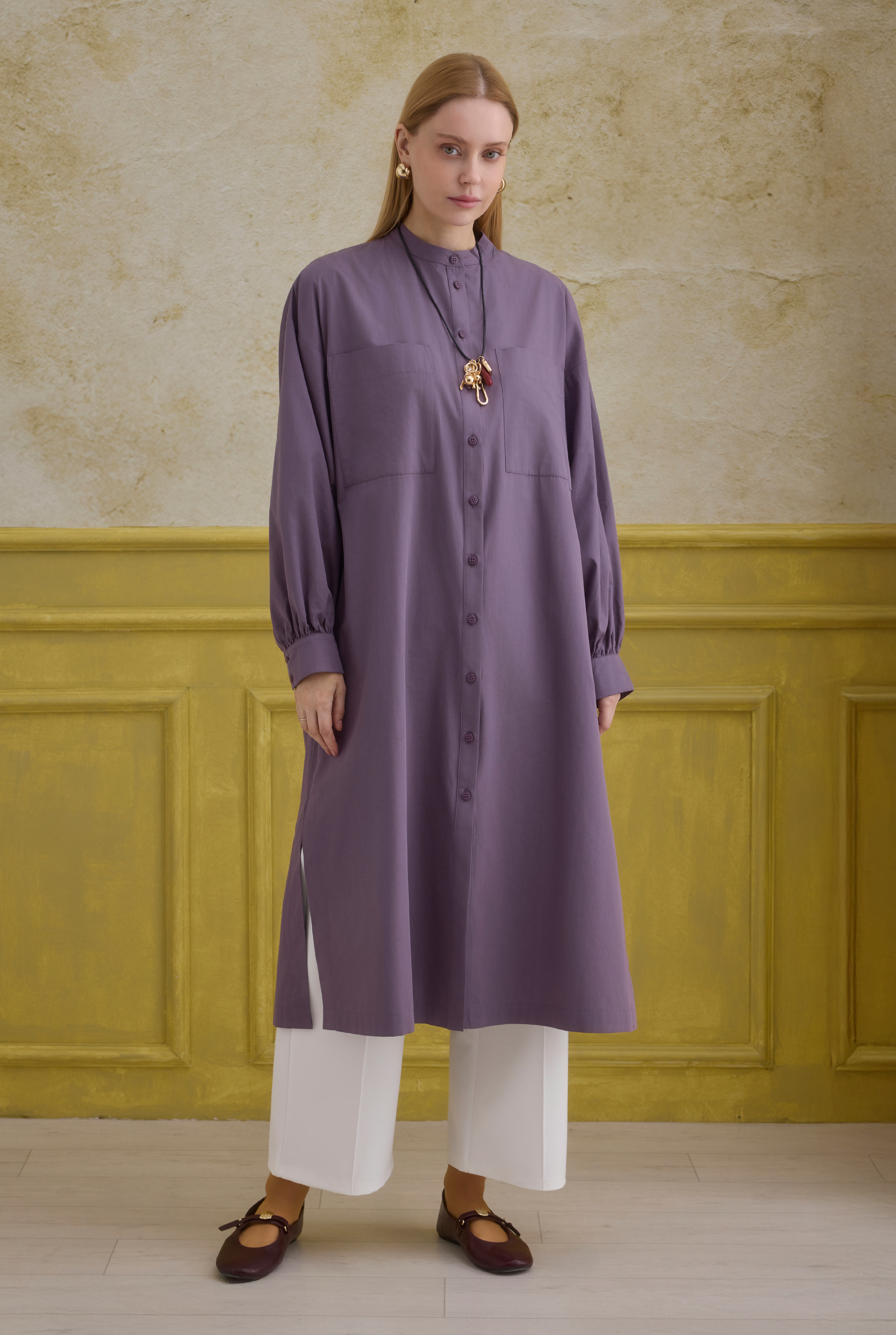 Mandarin Collar Long Tunic Retro Violet - HE-QA