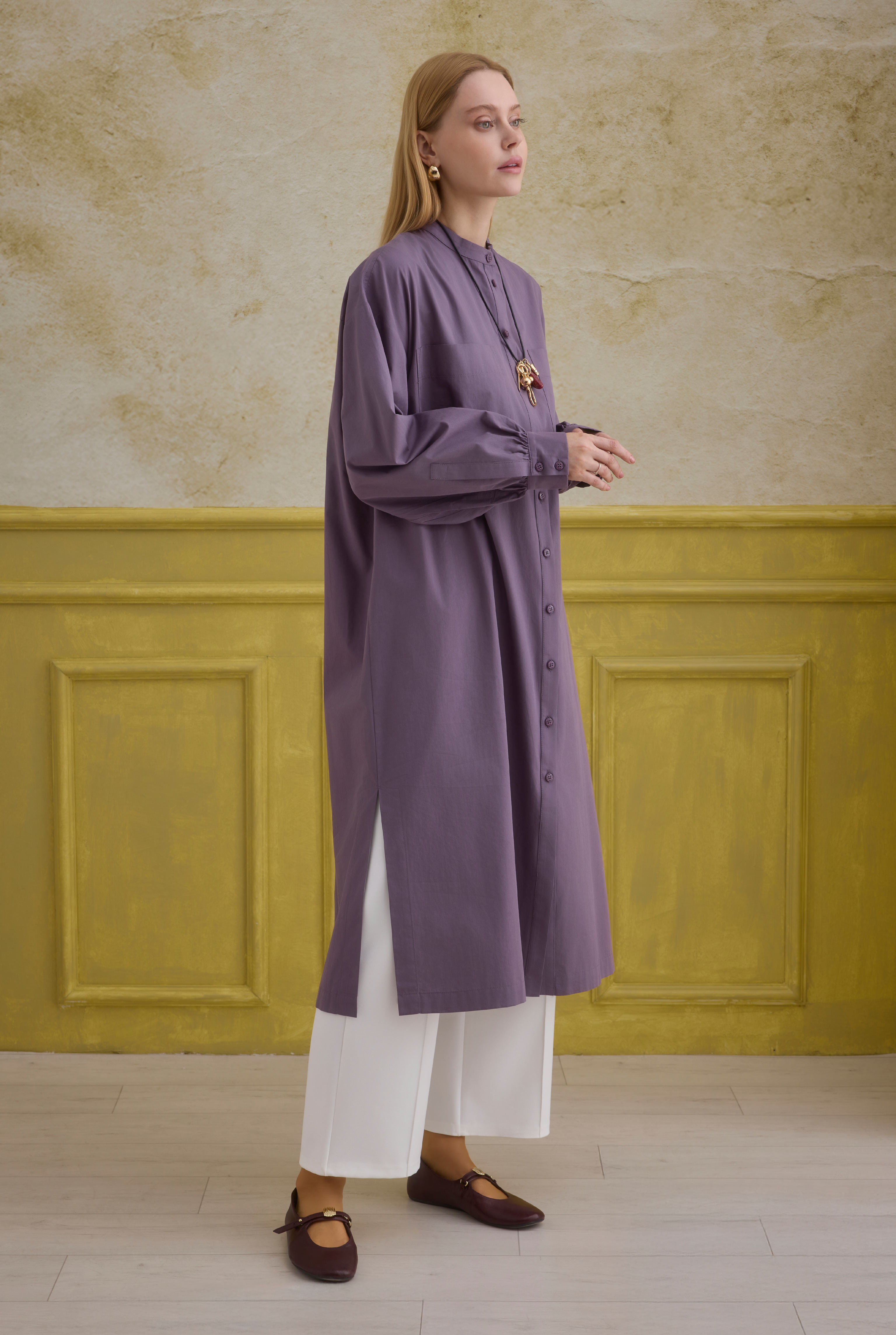 Mandarin Collar Long Tunic Retro Violet - 2