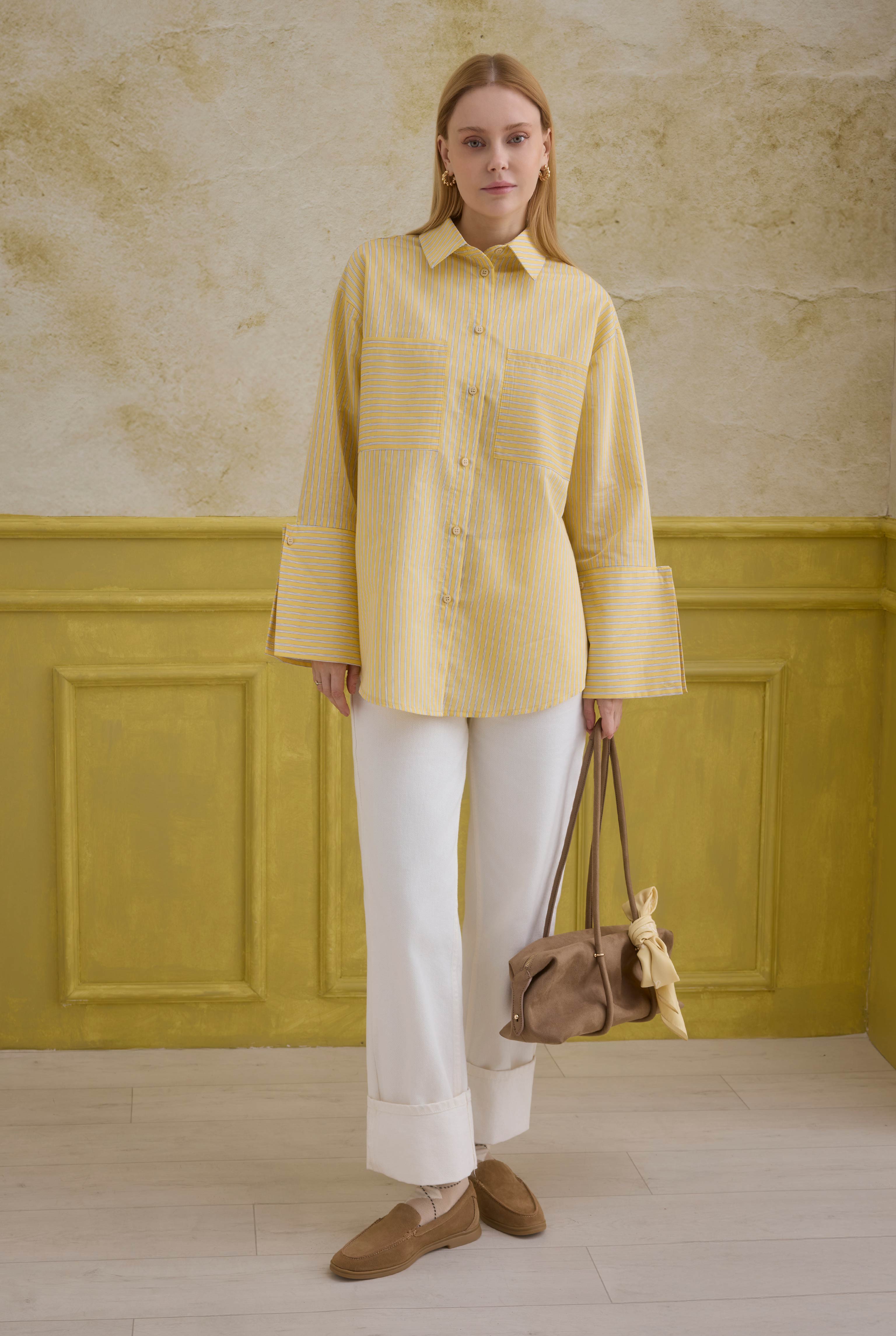 Striped Wide Cuff Shirt Yellow - 3