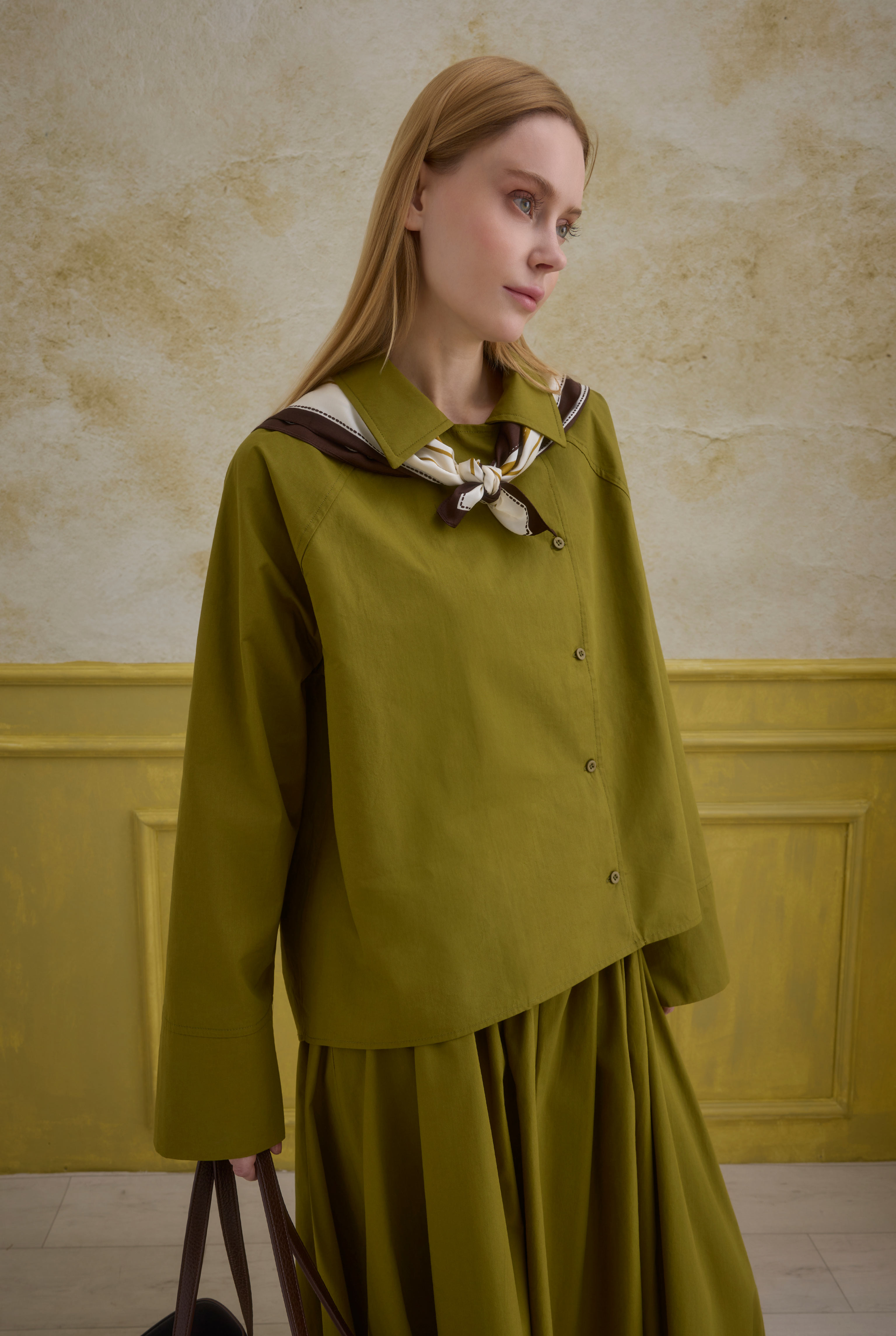 Double Breasted Cotton Shirt Oil Green - 2