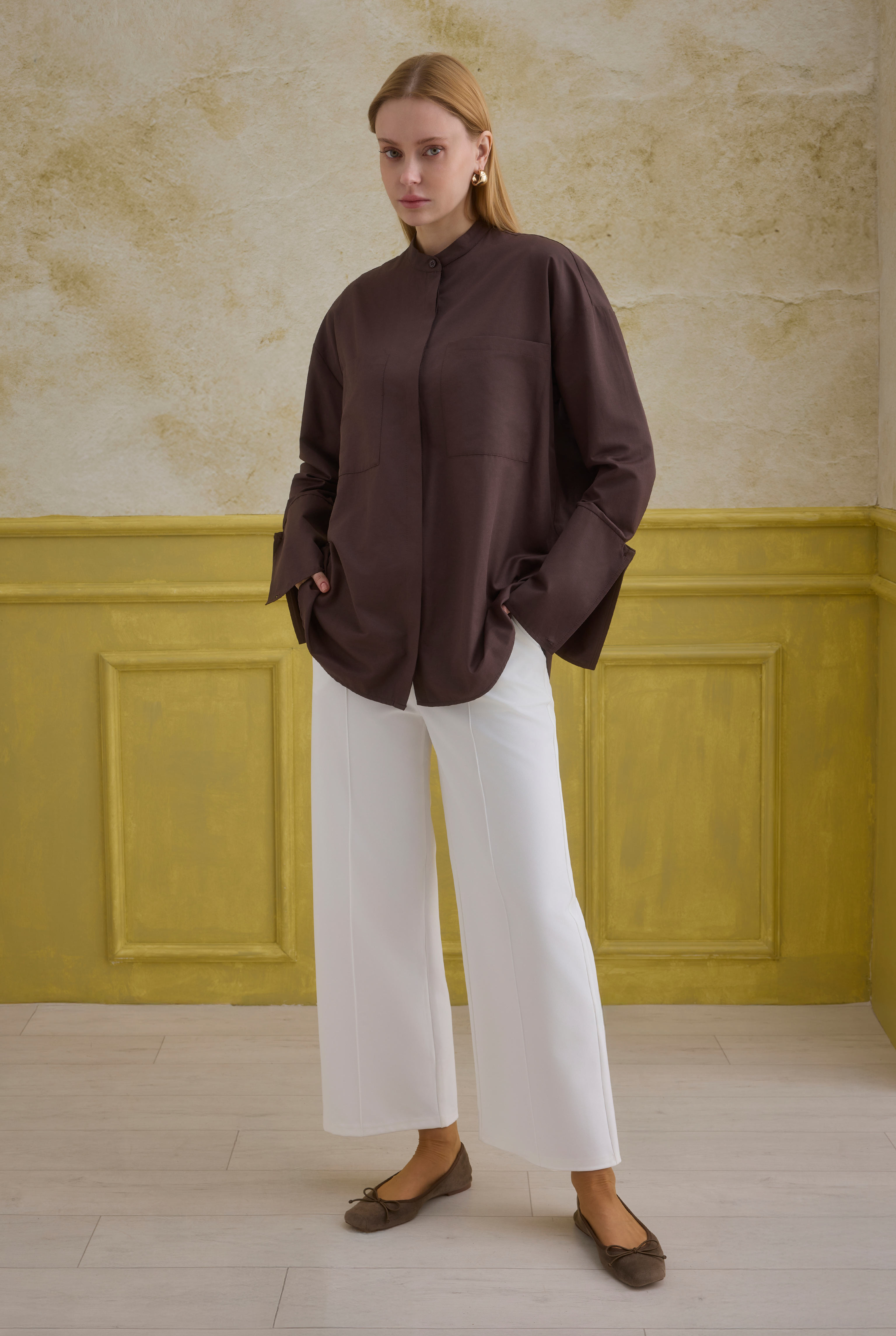 Cuff Detailed Shirt Dark Brown - 3