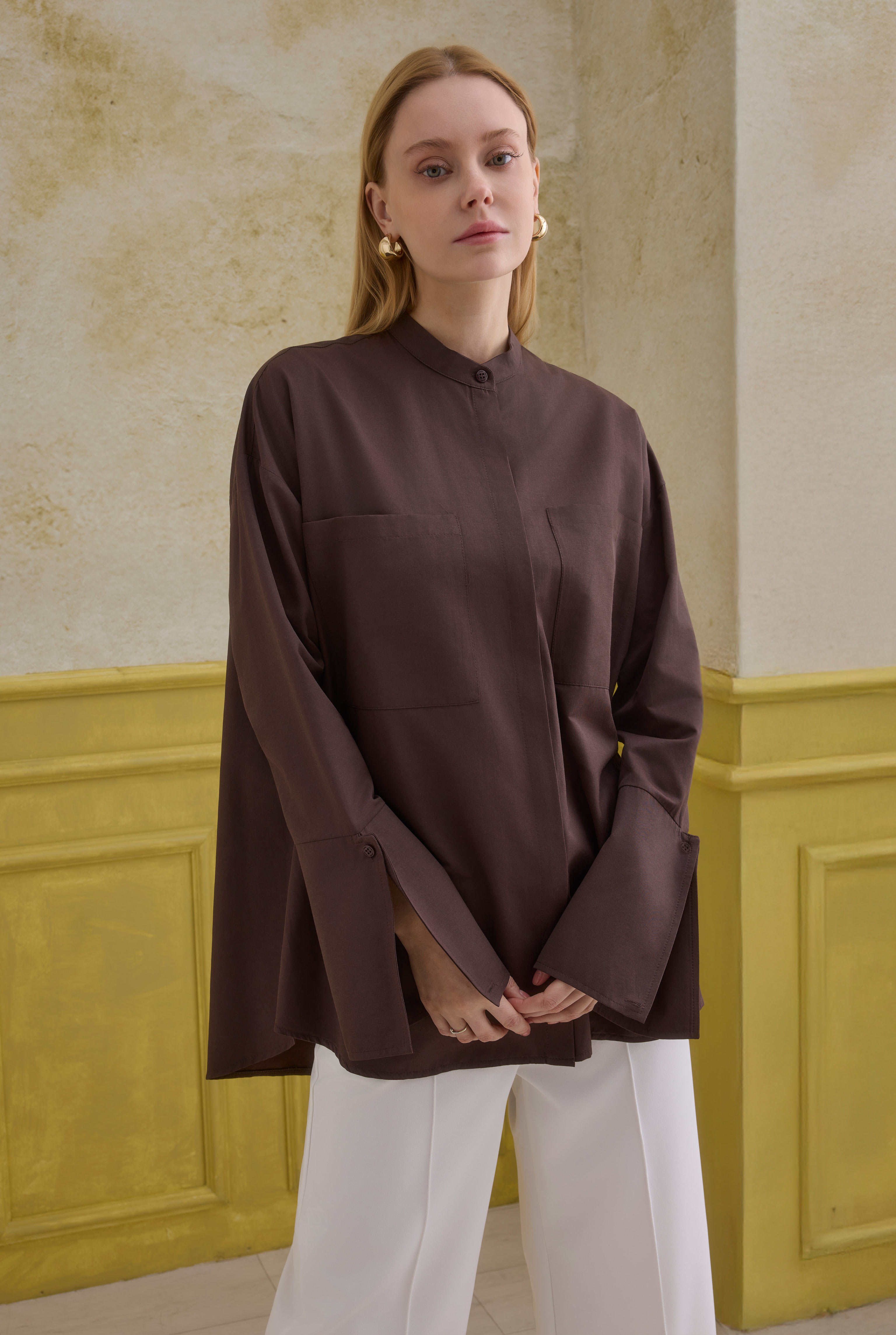 Cuff Detailed Shirt Dark Brown - 4