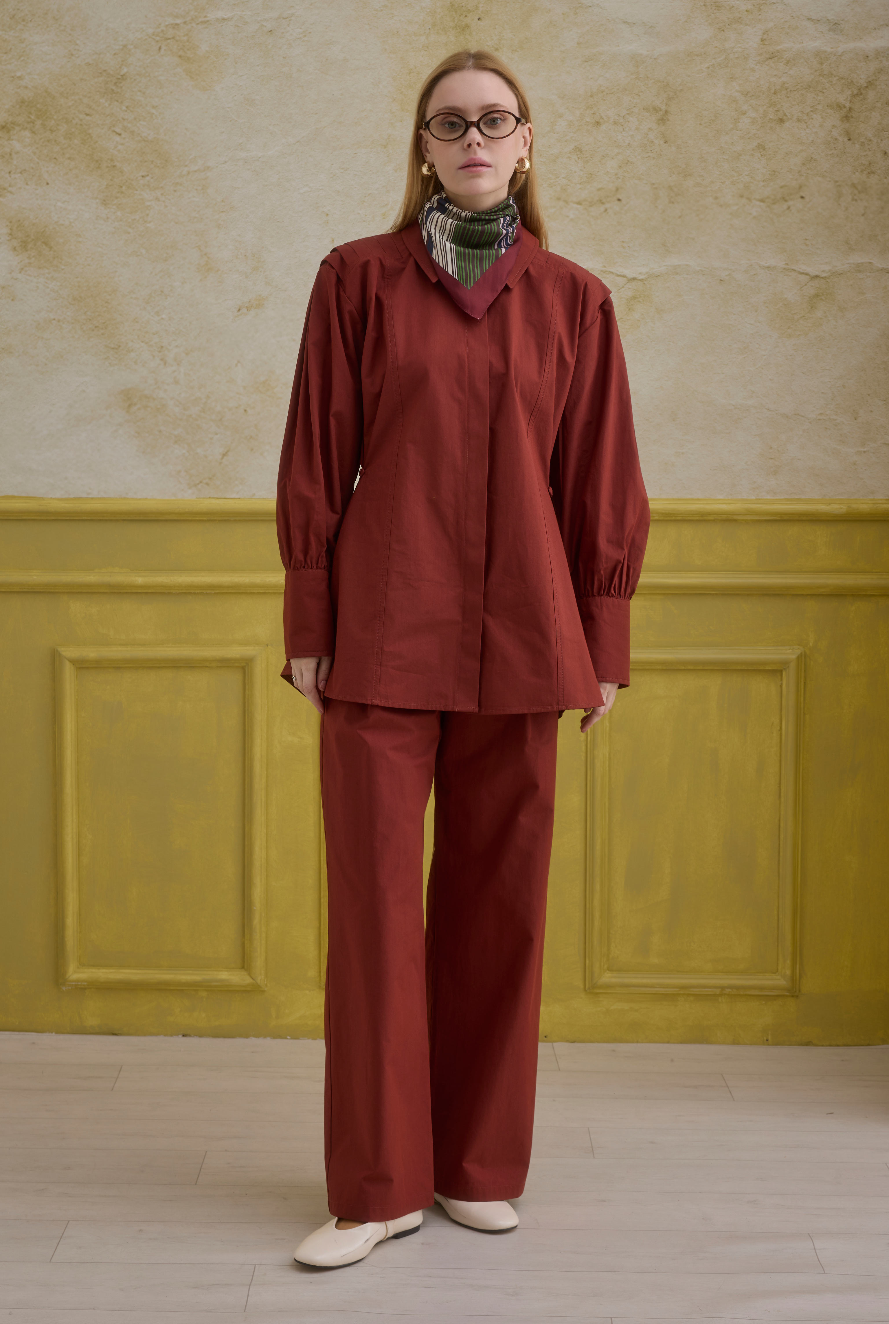 Back Pleat Detailed Cotton Shirt Bordeaux - 3