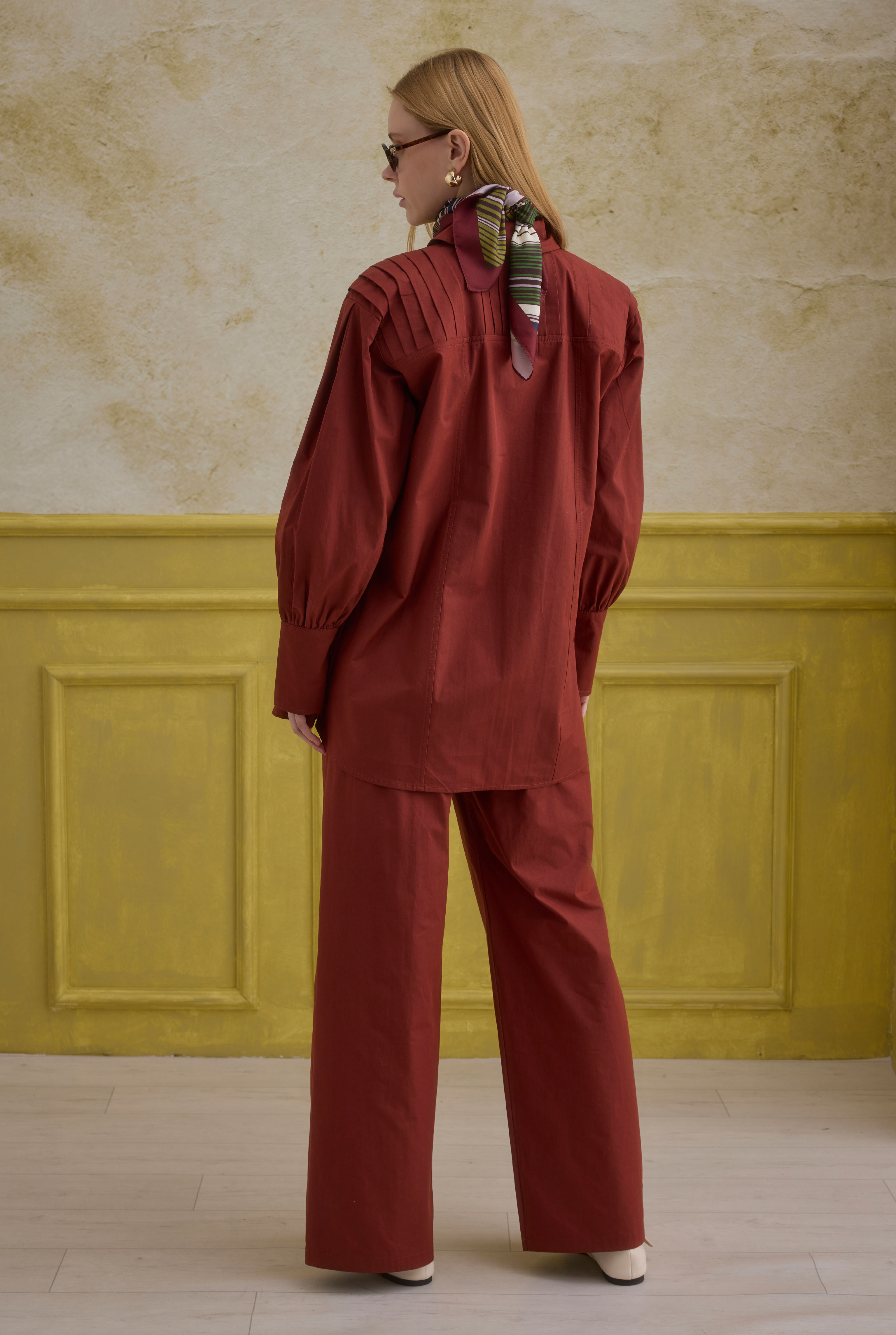 Back Pleat Detailed Cotton Shirt Bordeaux - 5