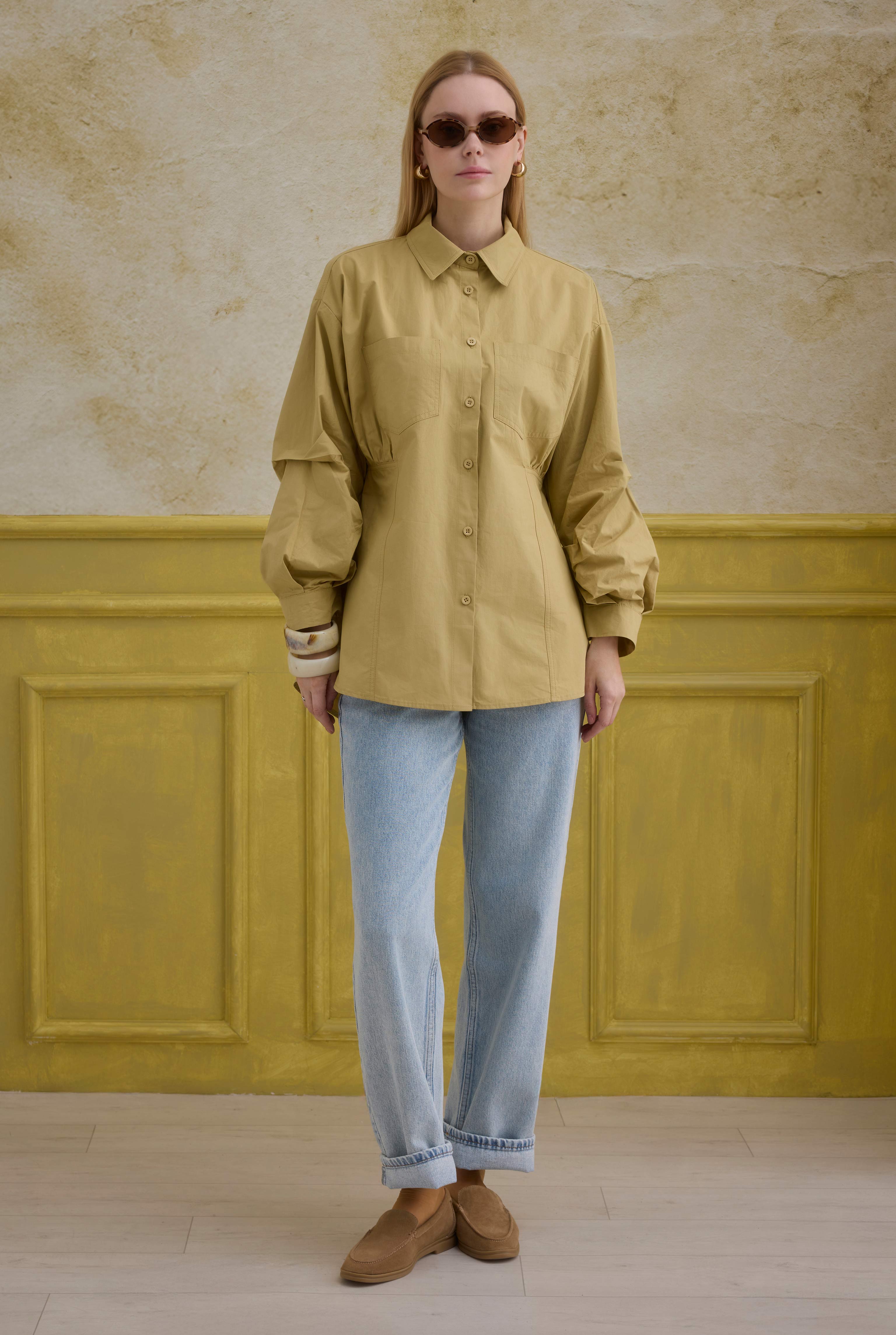 Sleeve Detailed Cotton Shirt Honey - 2