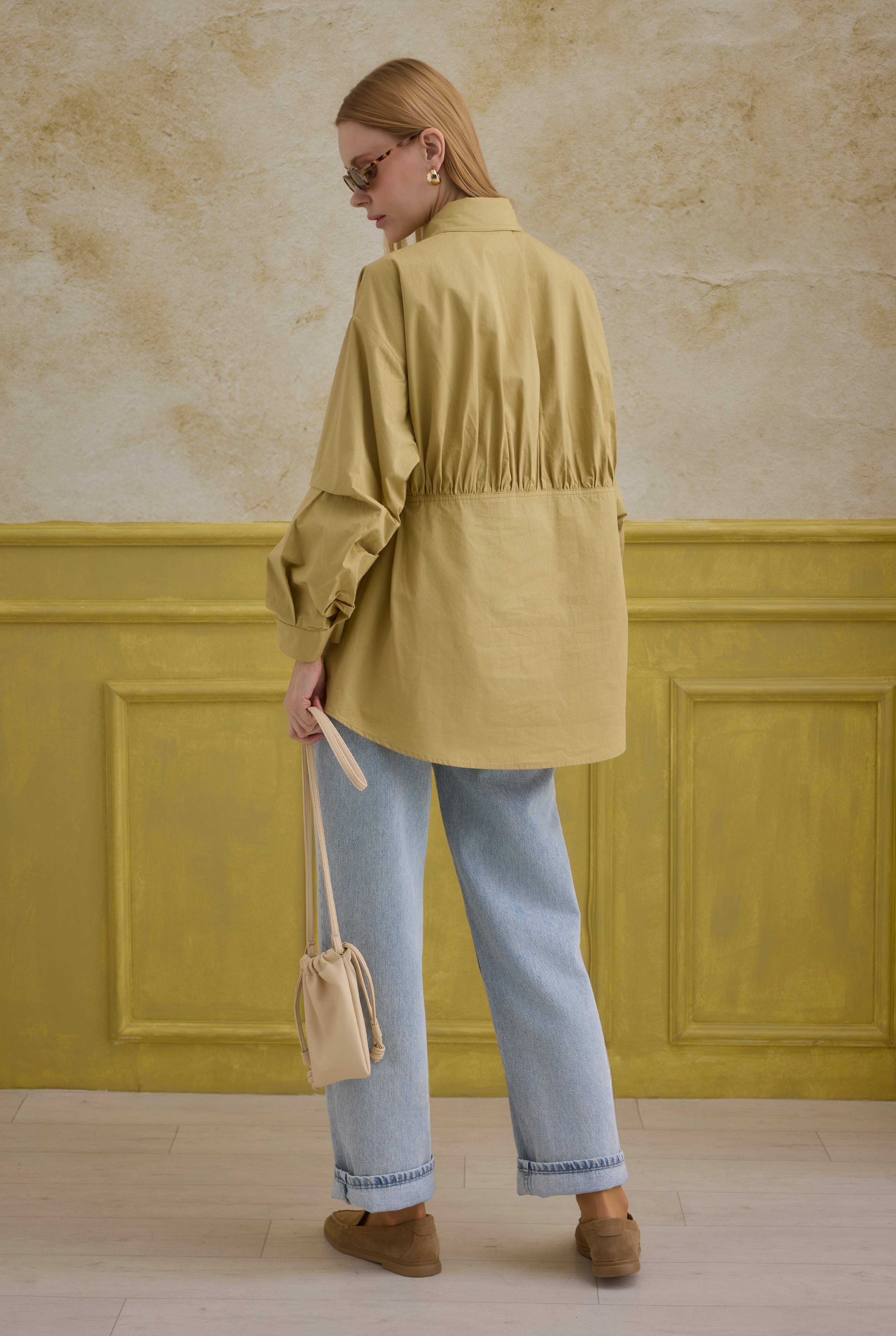Sleeve Detailed Cotton Shirt Honey - 3