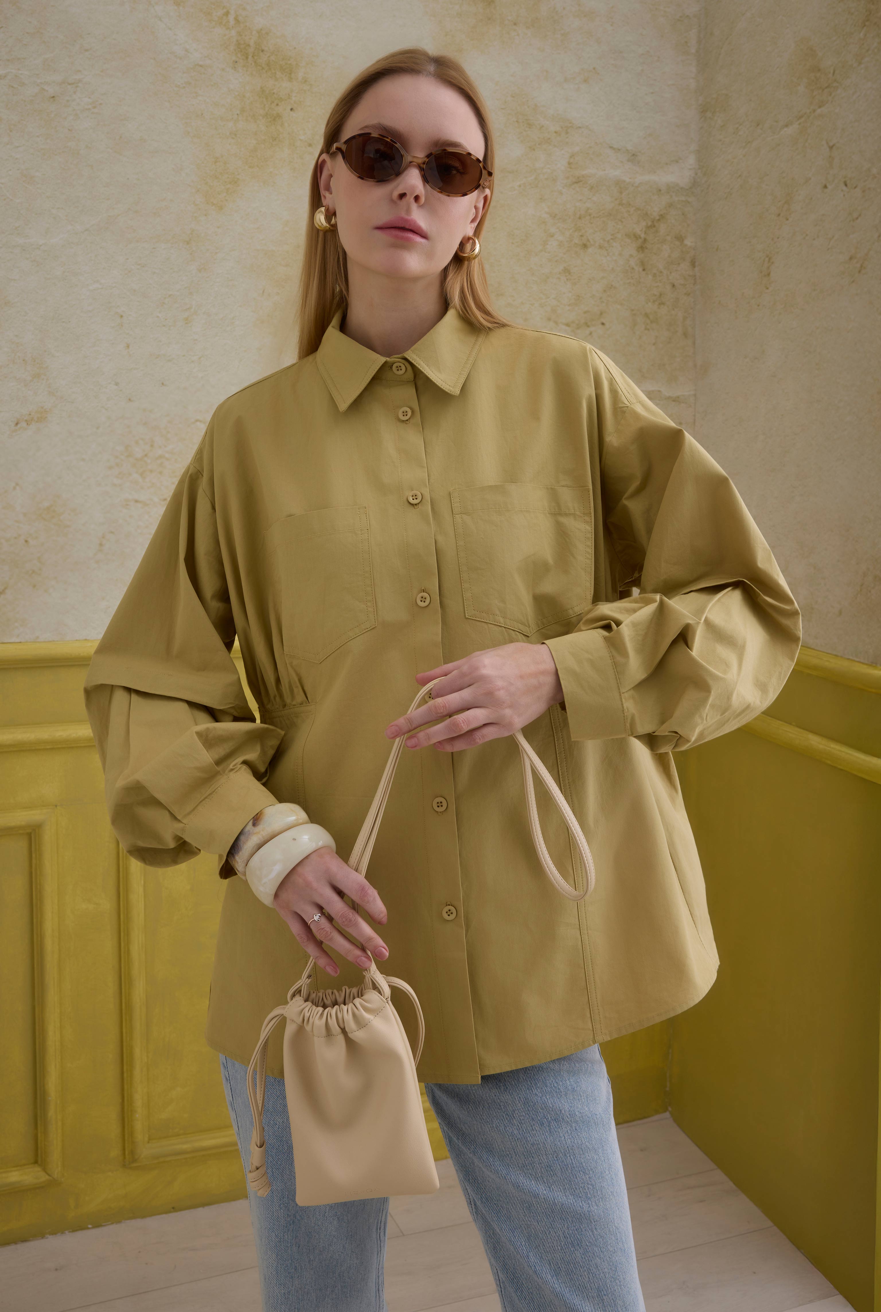 Sleeve Detailed Cotton Shirt Honey - 4