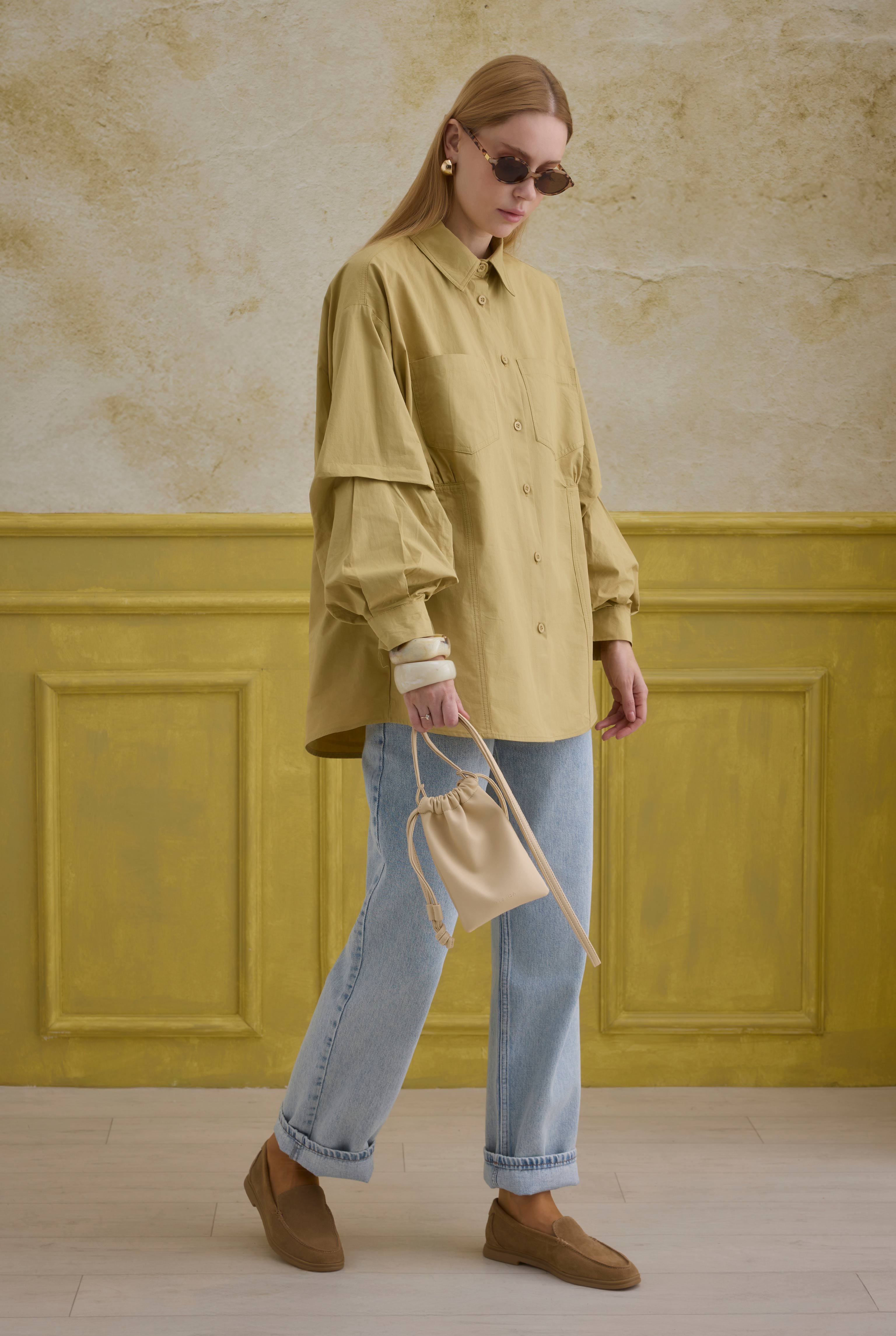 Sleeve Detailed Cotton Shirt Honey - 5