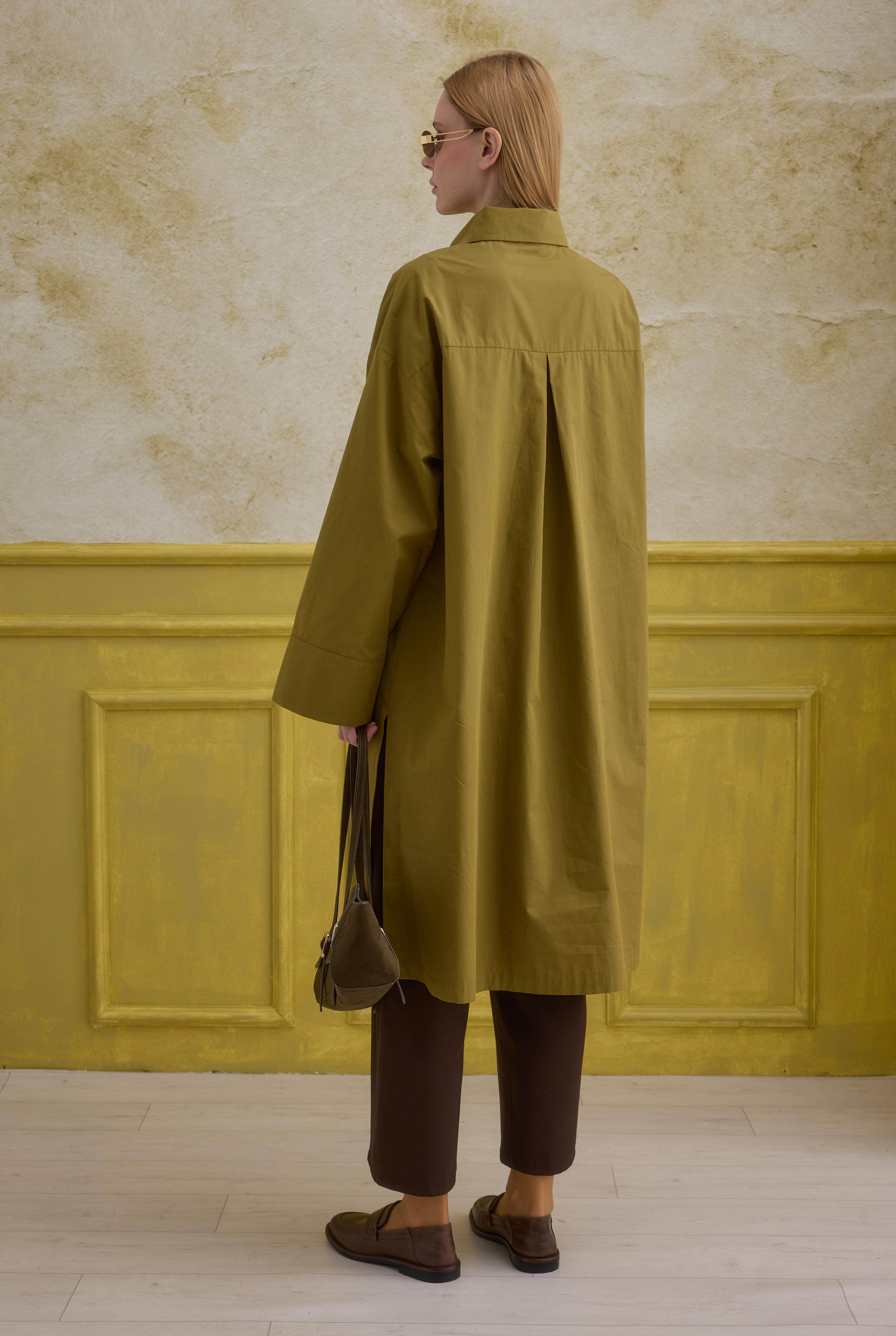 Bow Collar Long Shirt Oil Green - 4
