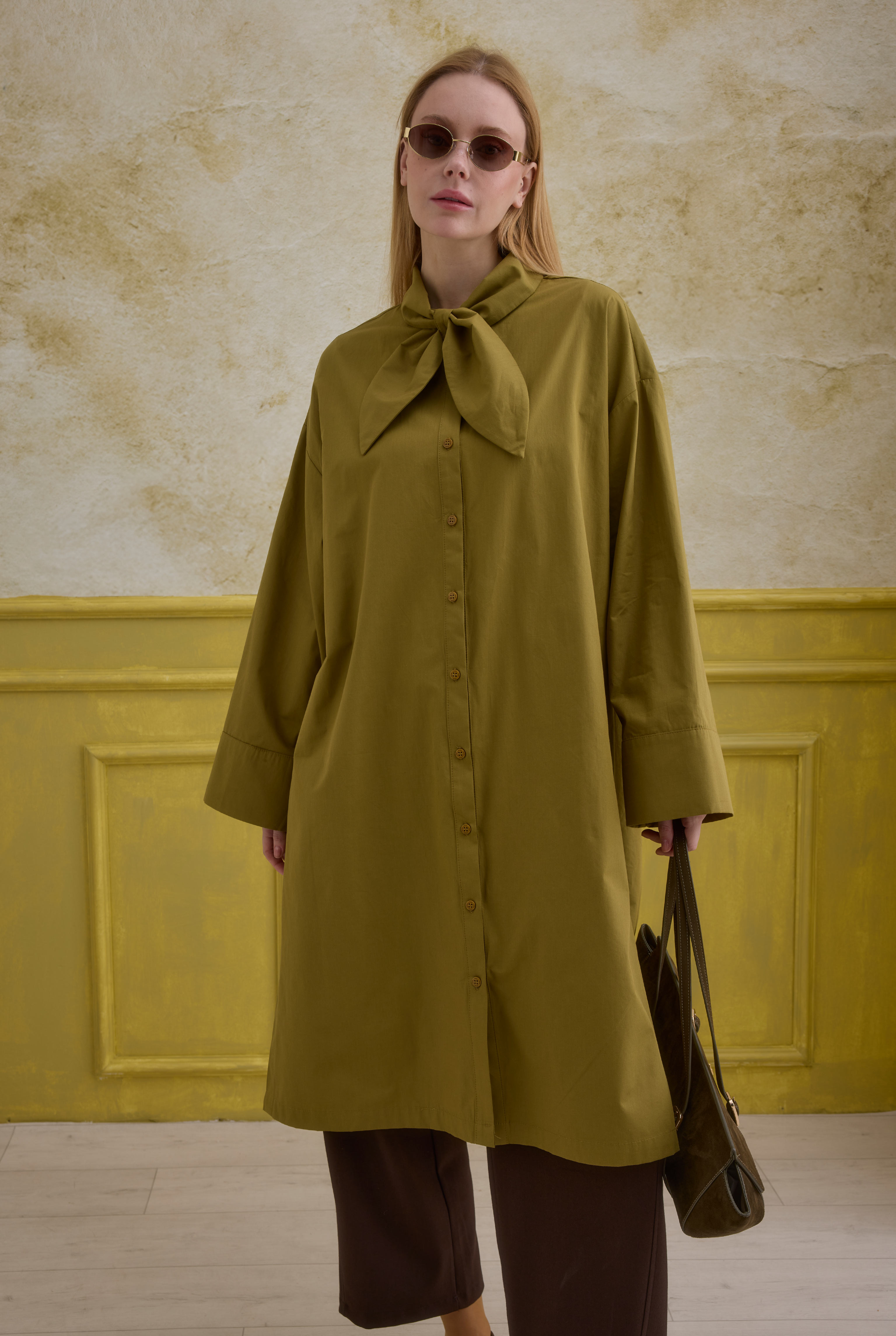 Bow Collar Long Shirt Oil Green - 3