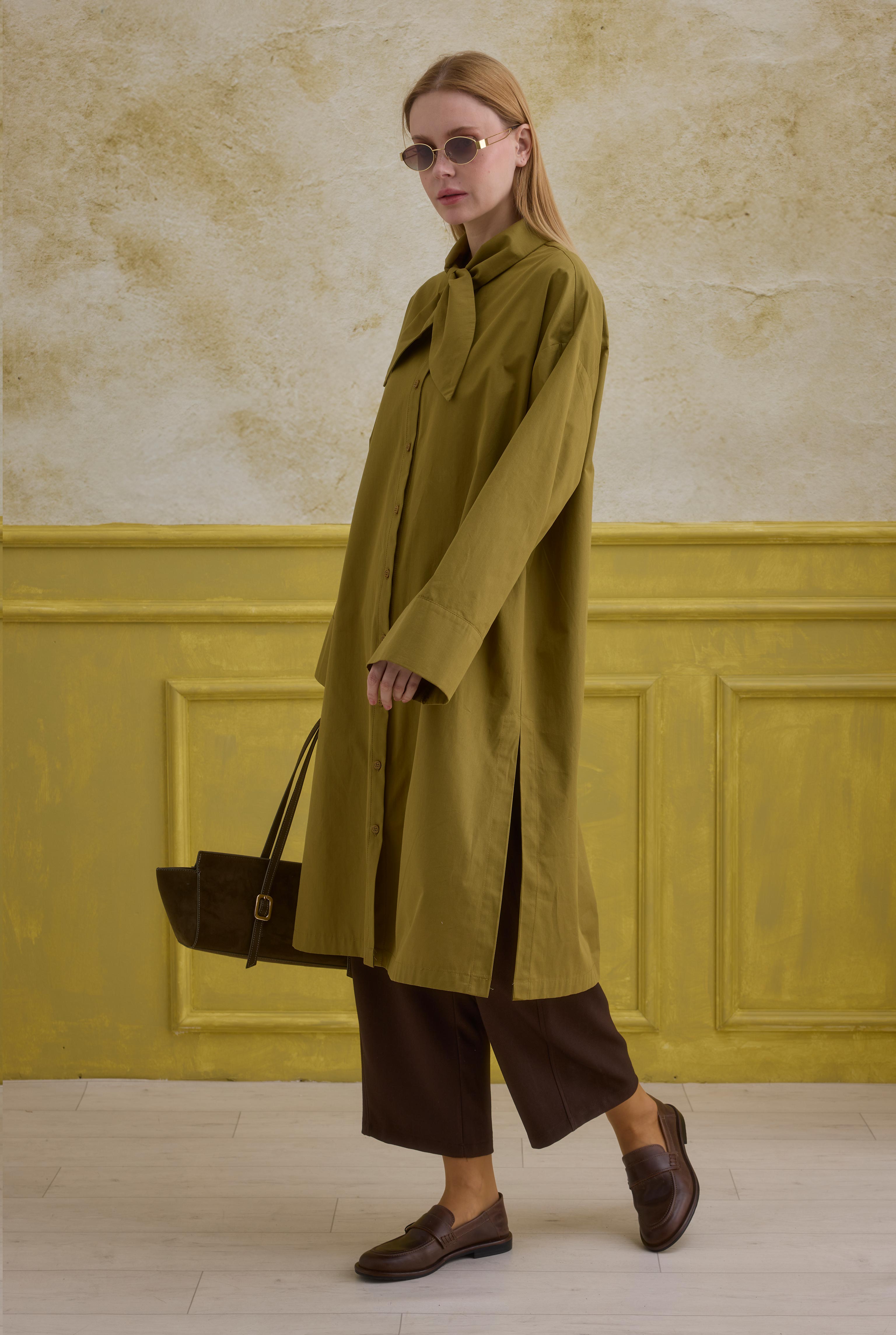 Bow Collar Long Shirt Oil Green - 2