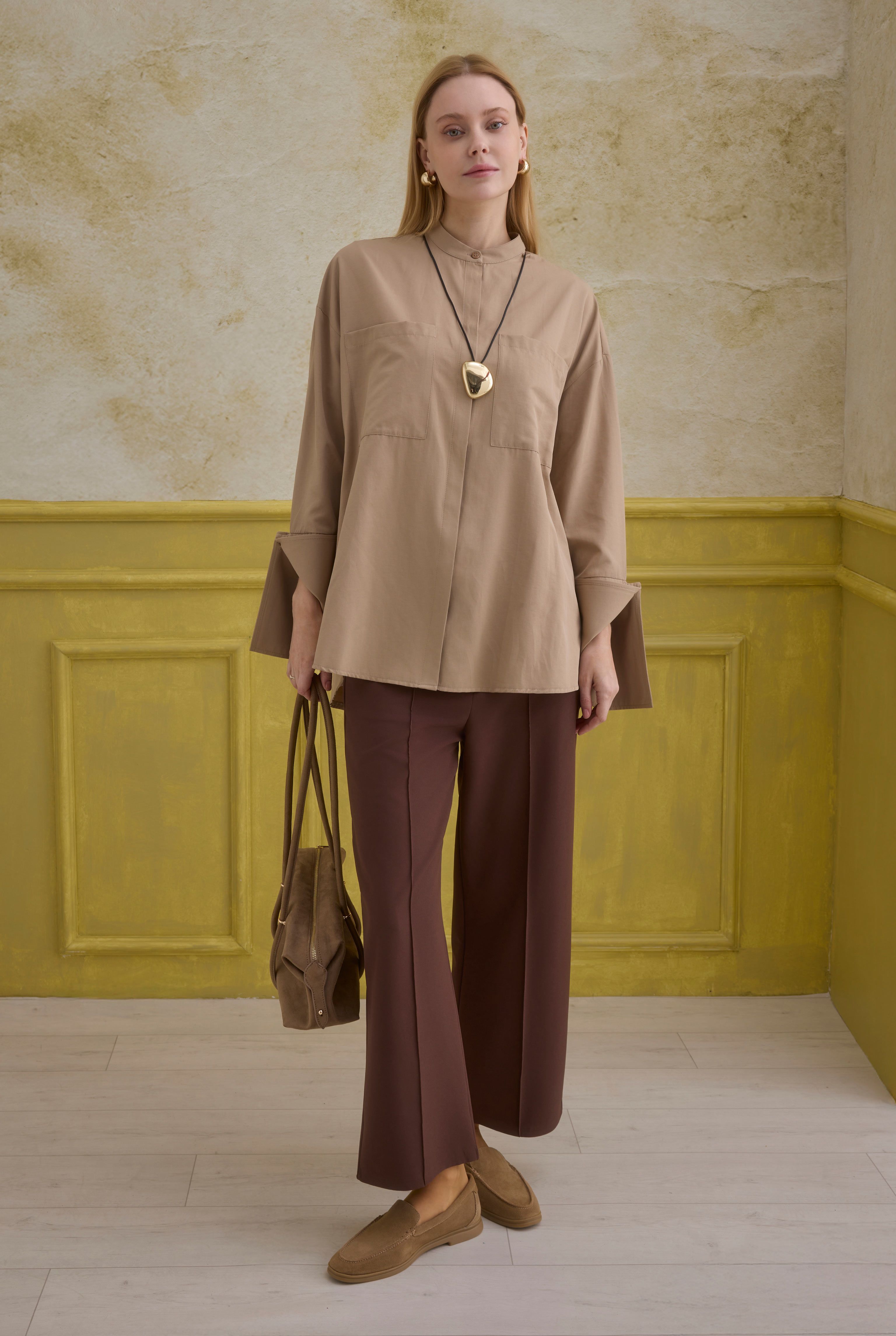 Cuff Detailed Shirt Latte - 5