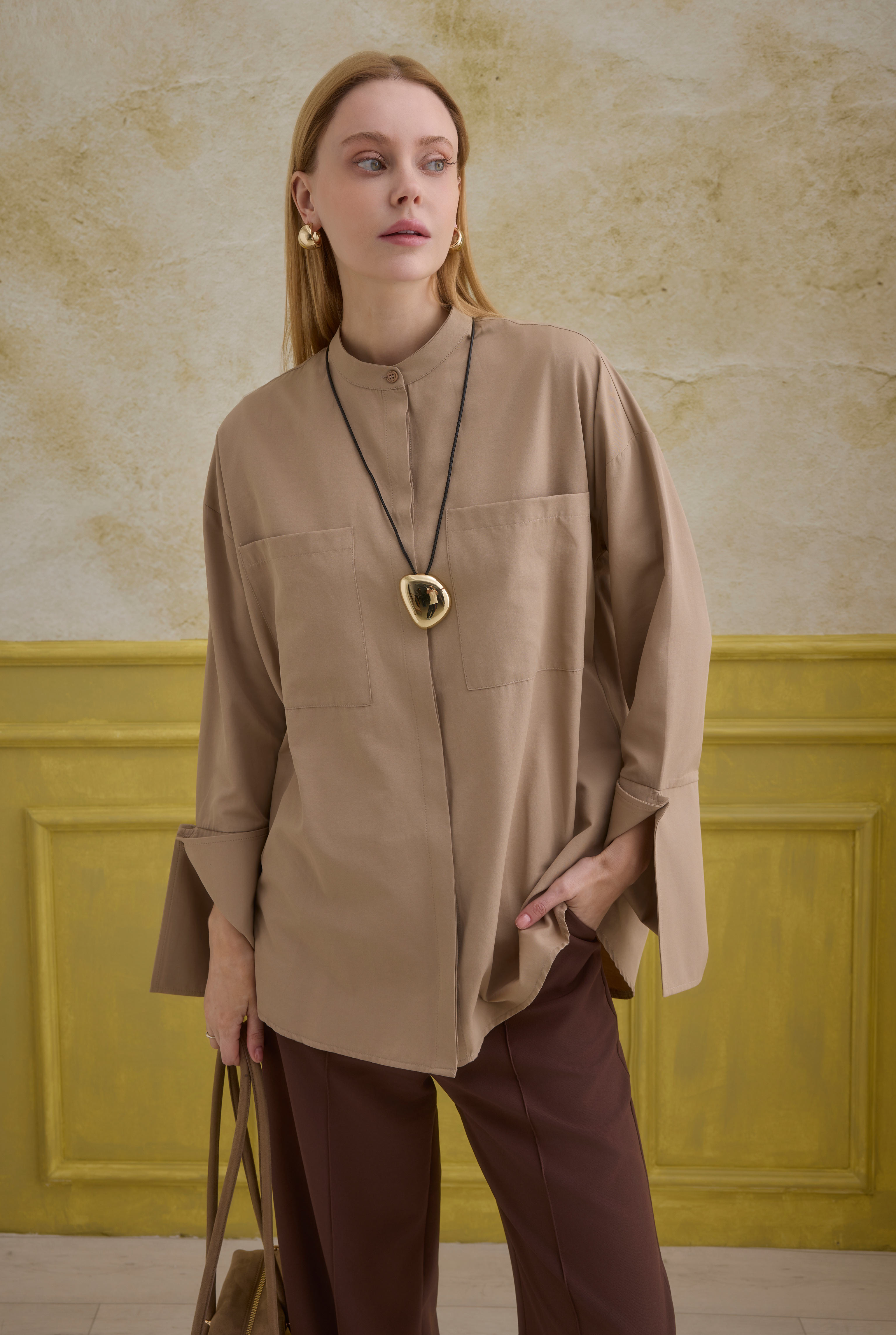 Cuff Detailed Shirt Latte - 2